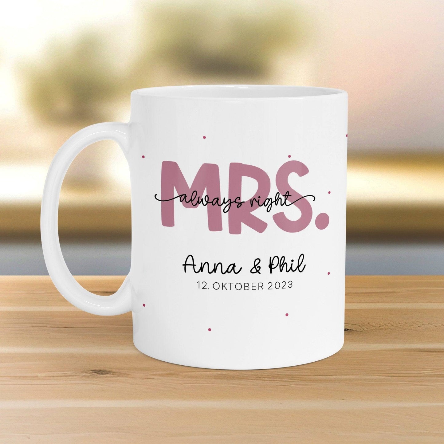 Mr & Mrs Tasse Tassen Hochzeit personalisiert mit Wunschnamen und Datum – Namenstasse Hochzeitsgeschenk - Braut Bräutigam – Kaffeetasse kleinebuchstaben
