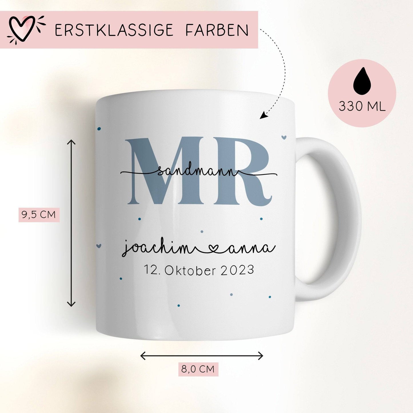 Mr & Mrs Tasse Tassen Hochzeit personalisiert mit Wunschnamen und Datum – Namenstasse Hochzeitsgeschenk - Braut Bräutigam – Kaffeetasse kleinebuchstaben
