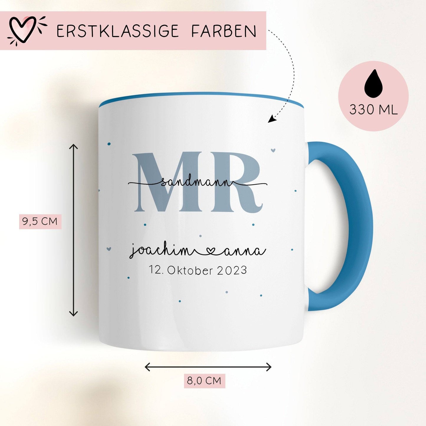 Mr & Mrs Tasse Hochzeit personalisiert mit Wunschnamen und Datum – Namenstasse Hochzeitsgeschenk - Braut Bräutigam – Kaffeetasse - 330 ml kleinebuchstaben