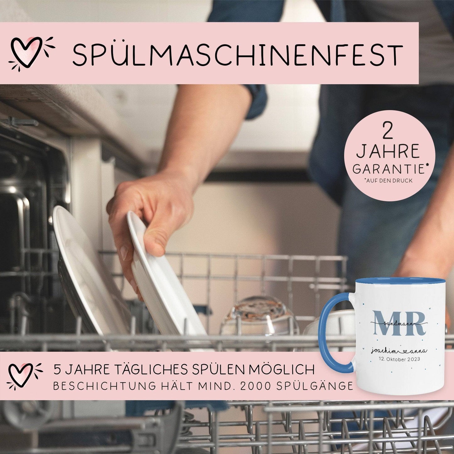 Mr & Mrs Tasse Hochzeit personalisiert mit Wunschnamen und Datum – Namenstasse Hochzeitsgeschenk - Braut Bräutigam – Kaffeetasse - 330 ml kleinebuchstaben