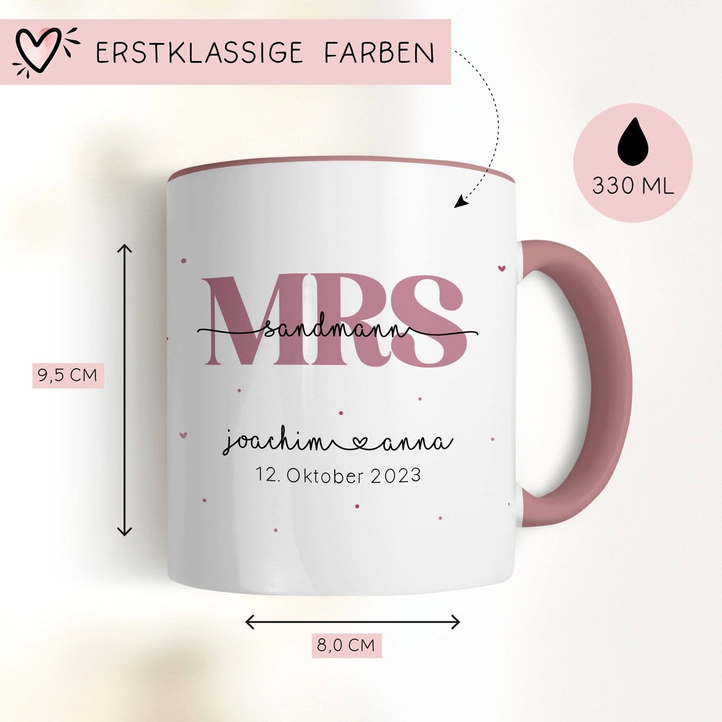 Mr & Mrs Tasse Hochzeit personalisiert mit Wunschnamen und Datum – Namenstasse Hochzeitsgeschenk - Braut Bräutigam – Kaffeetasse - 330 ml kleinebuchstaben