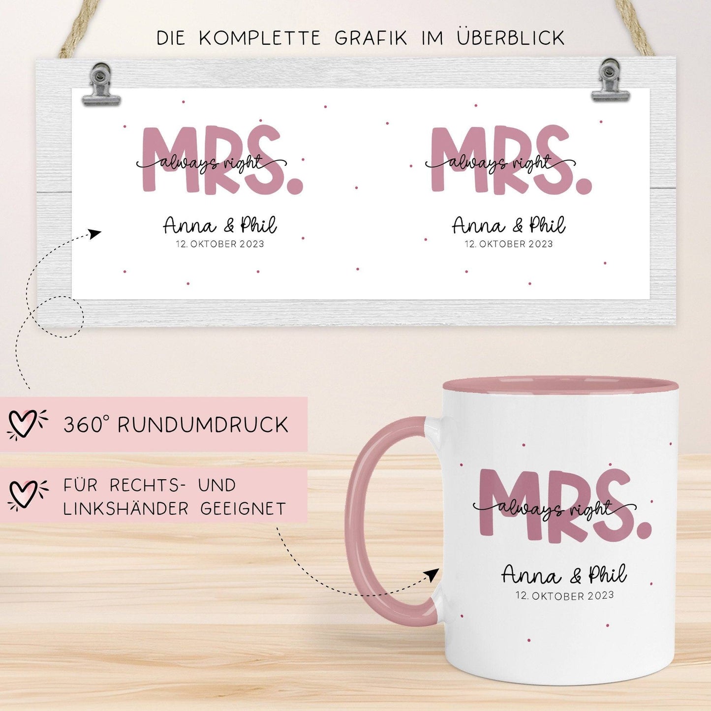 Mr & Mrs Tasse Hochzeit personalisiert Becher mit Wunschnamen und Datum – Namenstasse Hochzeitsgeschenk - Braut Bräutigam – Kaffeetasse kleinebuchstaben