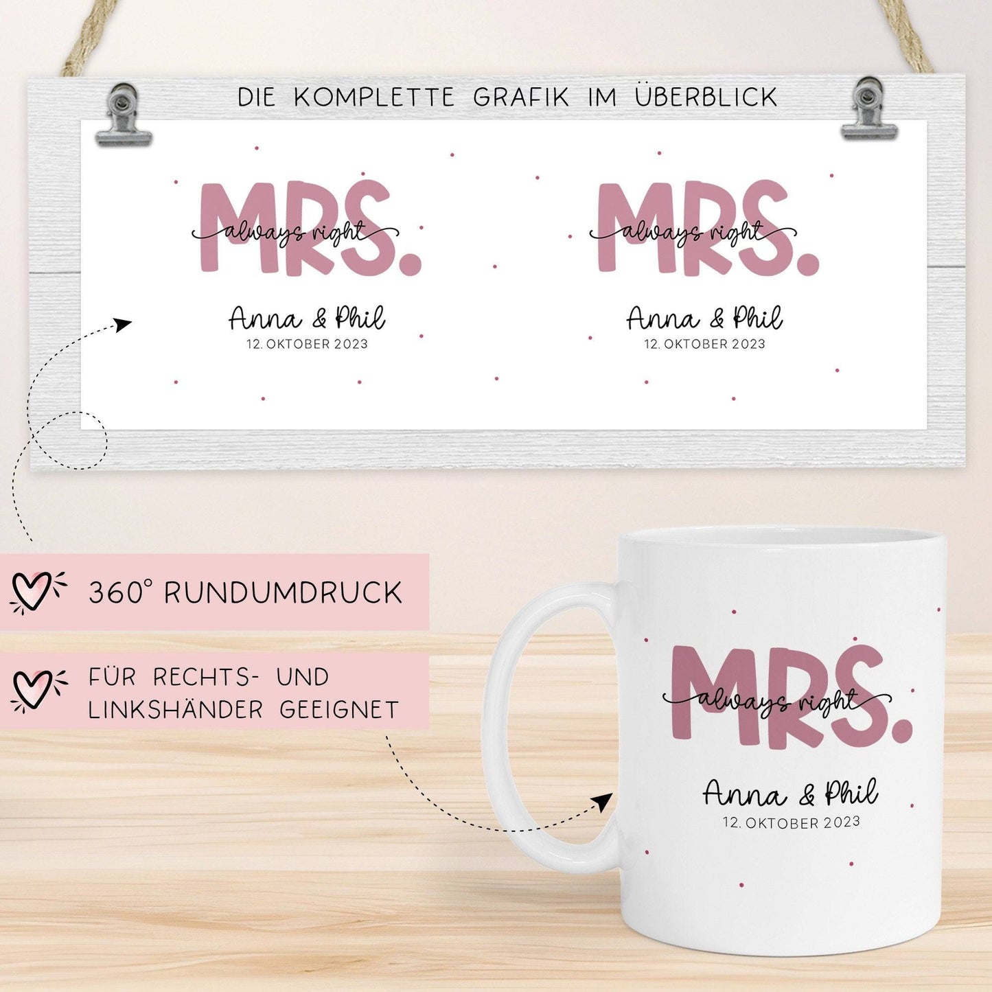 Mr & Mrs Tasse Hochzeit personalisiert Becher mit Wunschnamen und Datum – Namenstasse Hochzeitsgeschenk - Braut Bräutigam – Kaffeetasse kleinebuchstaben