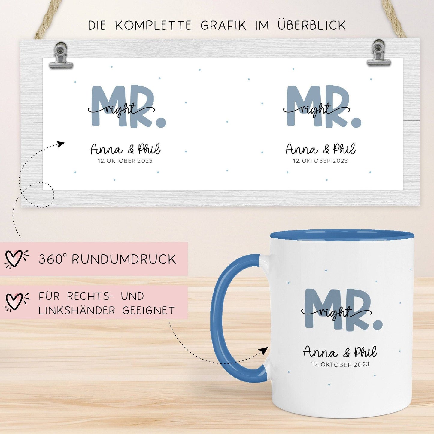 Mr & Mrs Tasse Hochzeit personalisiert Becher mit Wunschnamen und Datum – Namenstasse Hochzeitsgeschenk - Braut Bräutigam – Kaffeetasse kleinebuchstaben