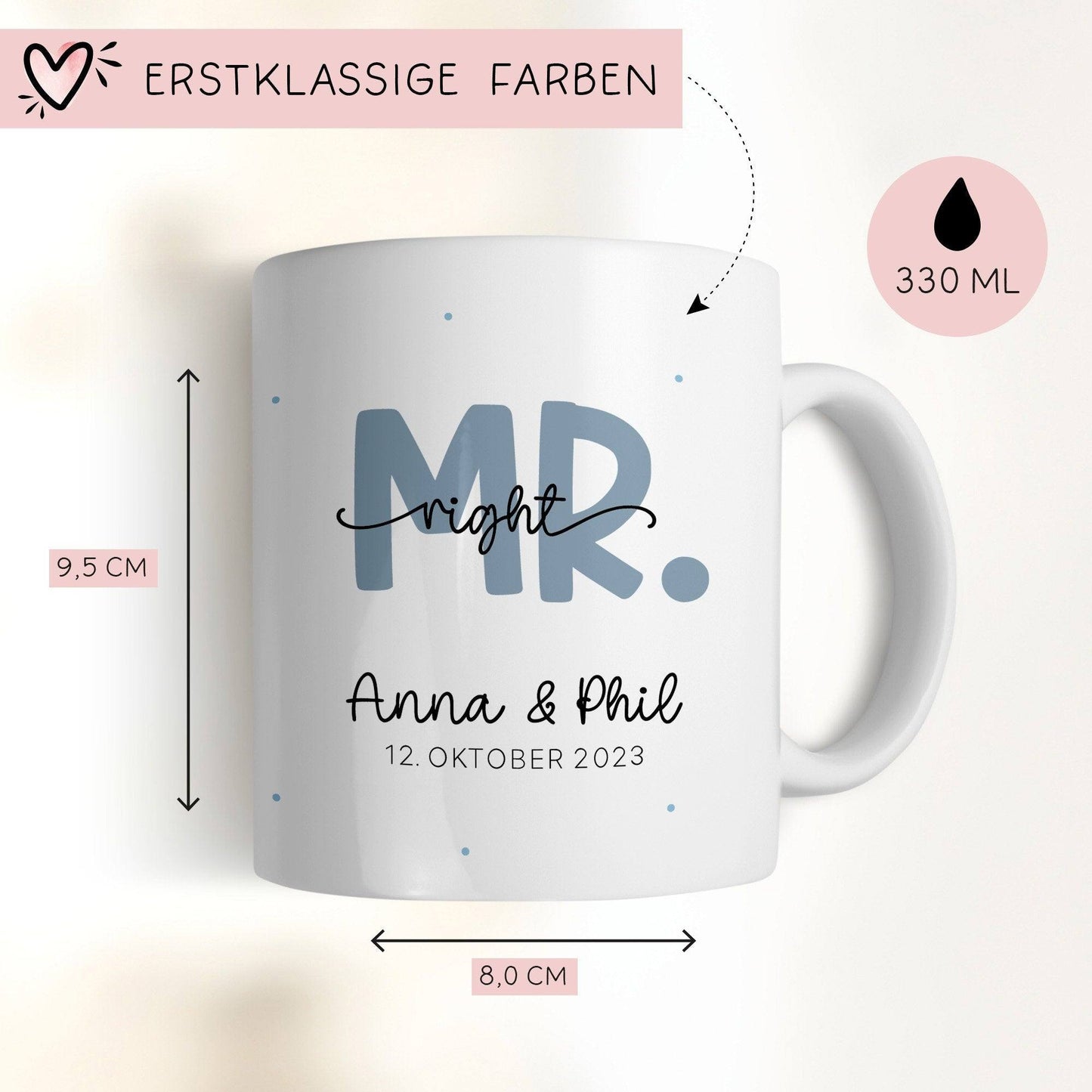 Mr & Mrs Tasse Hochzeit personalisiert Becher mit Wunschnamen und Datum – Namenstasse Hochzeitsgeschenk - Braut Bräutigam – Kaffeetasse kleinebuchstaben