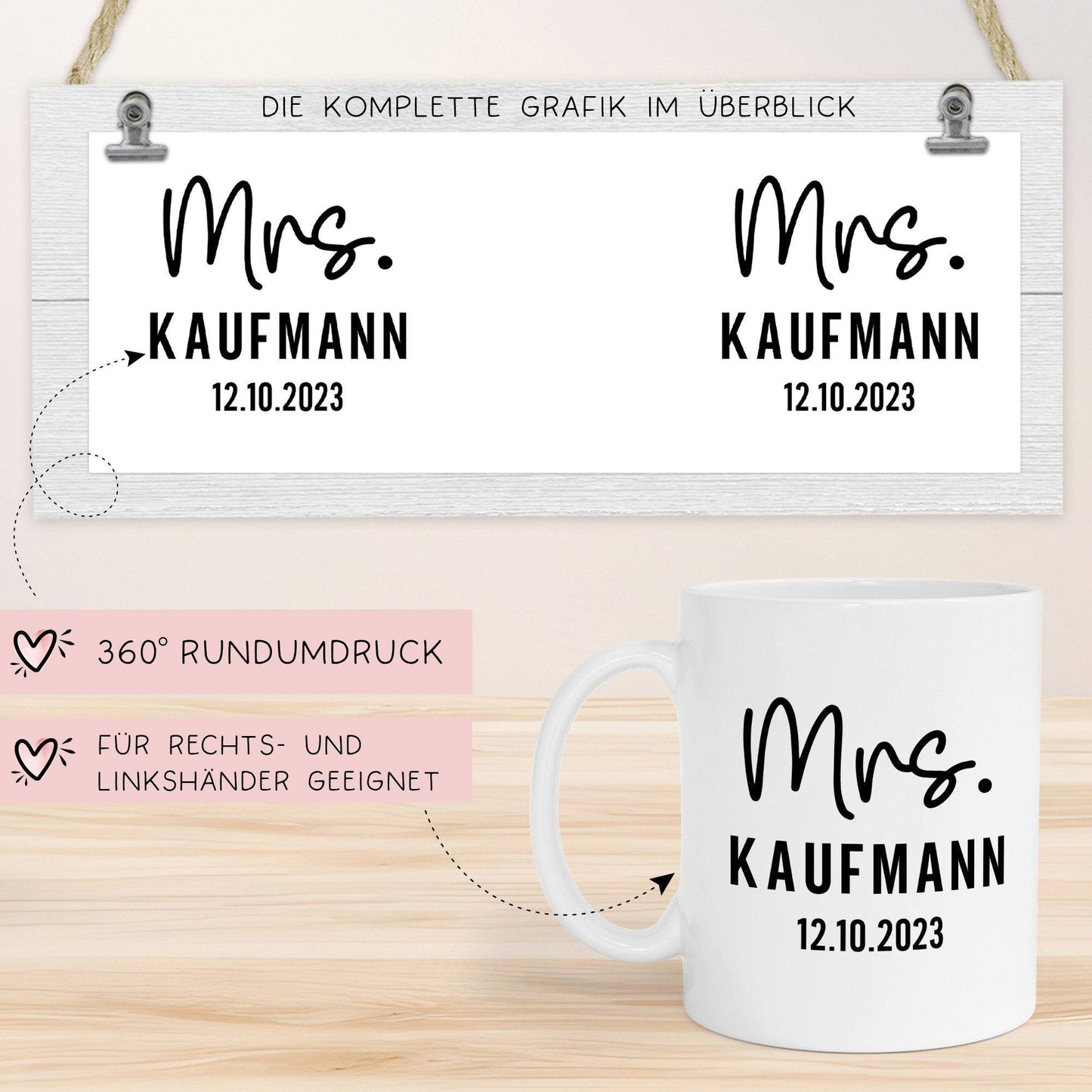 Mr. & Mrs. Tasse Hochzeit personalisiert Becher mit Wunschnamen und Datum – Namenstasse Hochzeitsgeschenk - Braut Bräutigam – Kaffeetasse kleinebuchstaben