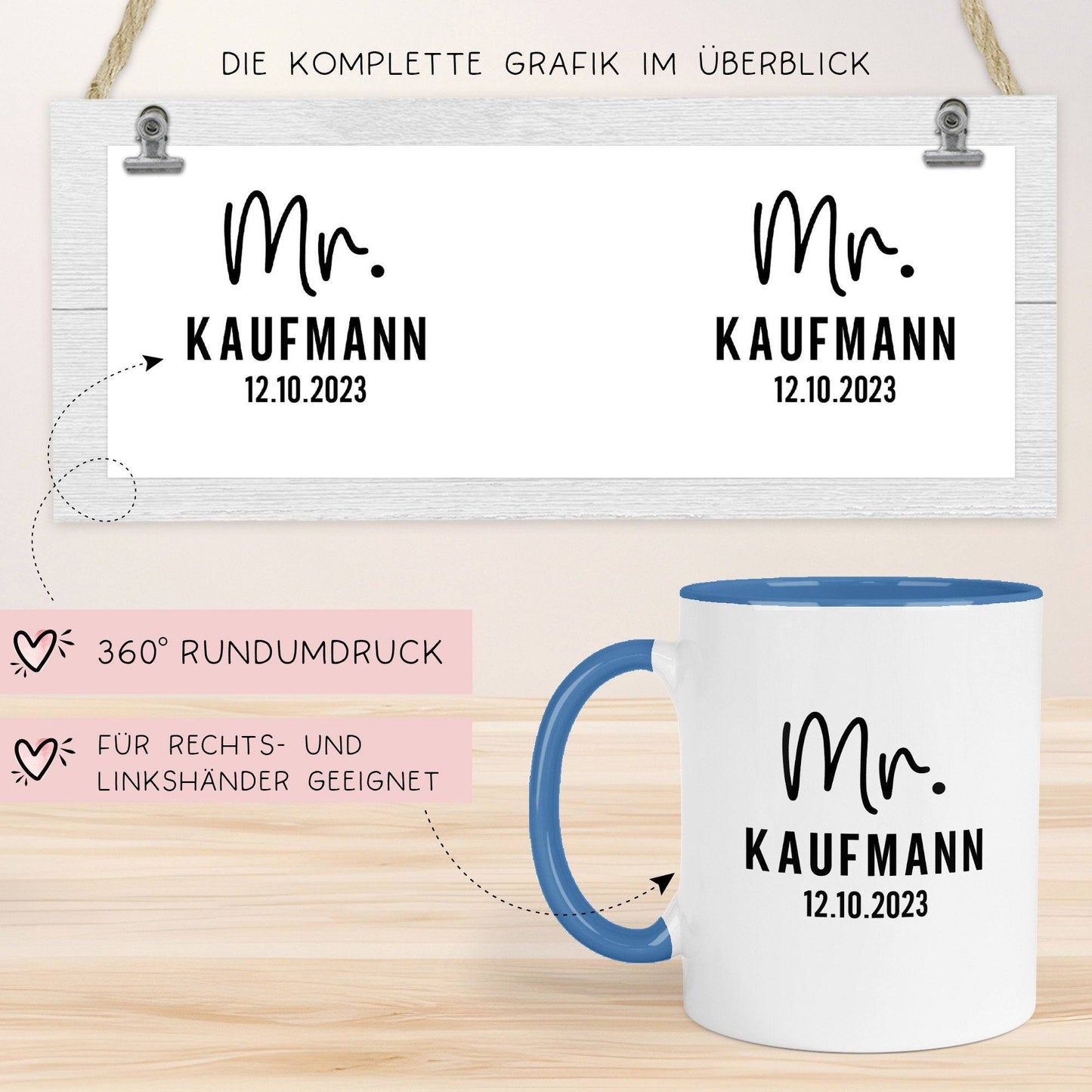 Mr. & Mrs. Tasse Hochzeit personalisiert Becher mit Wunschnamen und Datum – Namenstasse Hochzeitsgeschenk - Braut Bräutigam – Kaffeetasse kleinebuchstaben