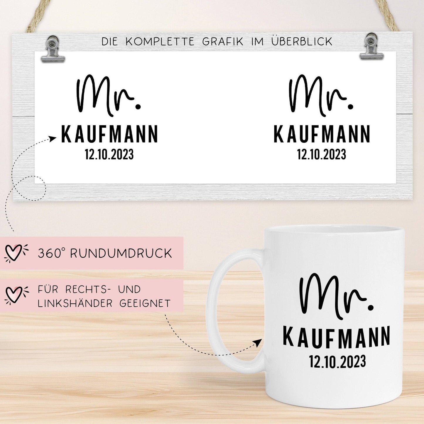 Mr. & Mrs. Tasse Hochzeit personalisiert Becher mit Wunschnamen und Datum – Namenstasse Hochzeitsgeschenk - Braut Bräutigam – Kaffeetasse kleinebuchstaben