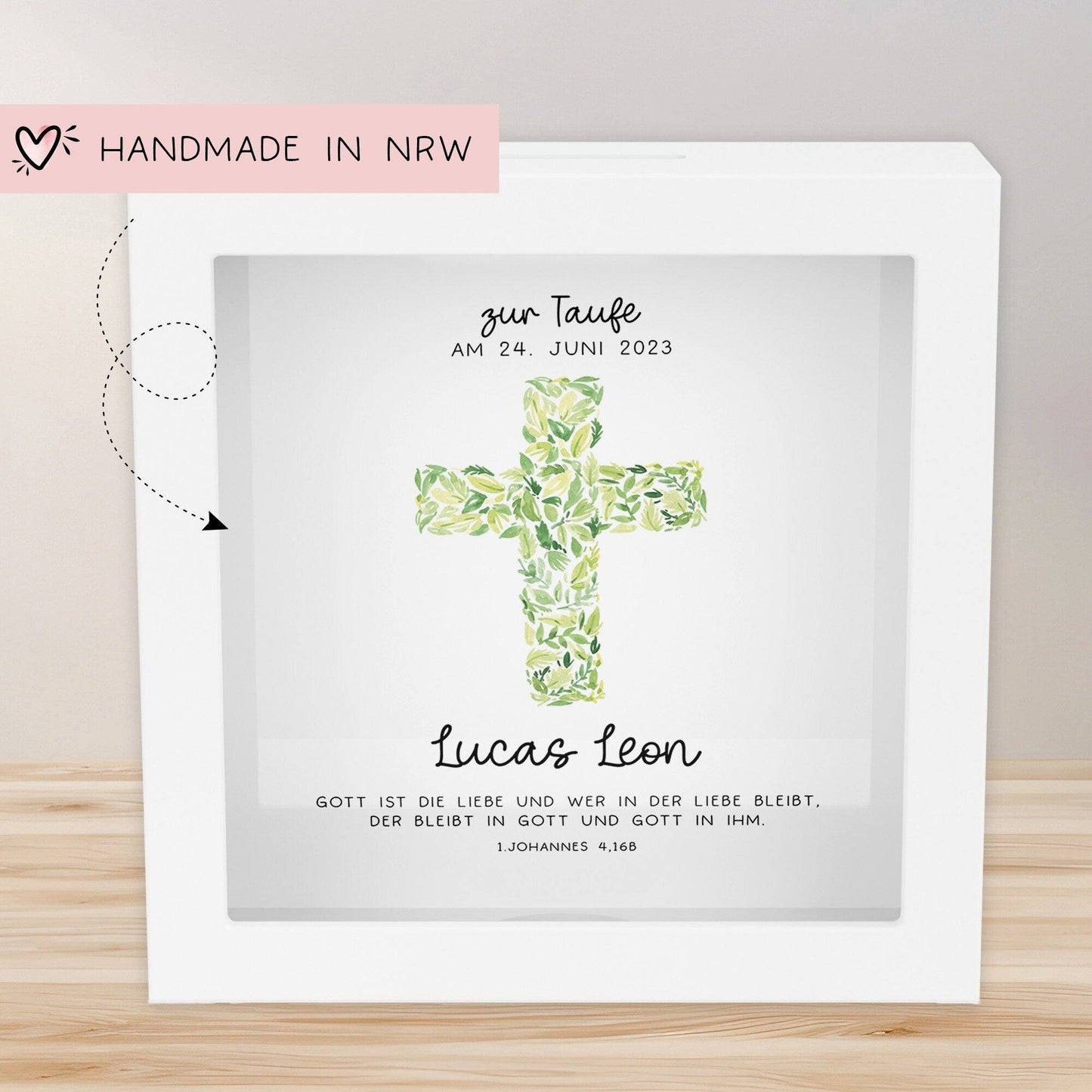Kreuz Grün Holz Spardose Taufe personalisiert mit Namen zur Geburt Kommunion Konfirmation eines Kindes mit Taufspruch als Geldgeschenk kleinebuchstaben