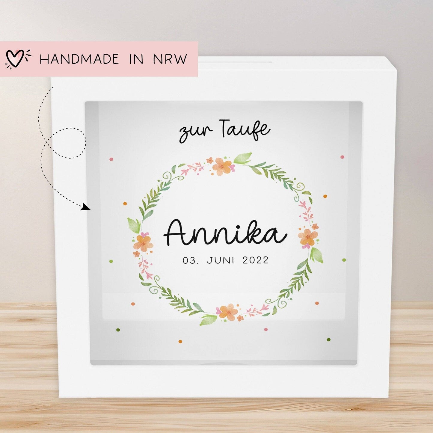 Kommunion Holz Spardose Taufe personalisiert mit Namen zur Geburt Kommunion Konfirmation eines Kindes mit Taufspruch als Geldgeschenk Sparen kleinebuchstaben