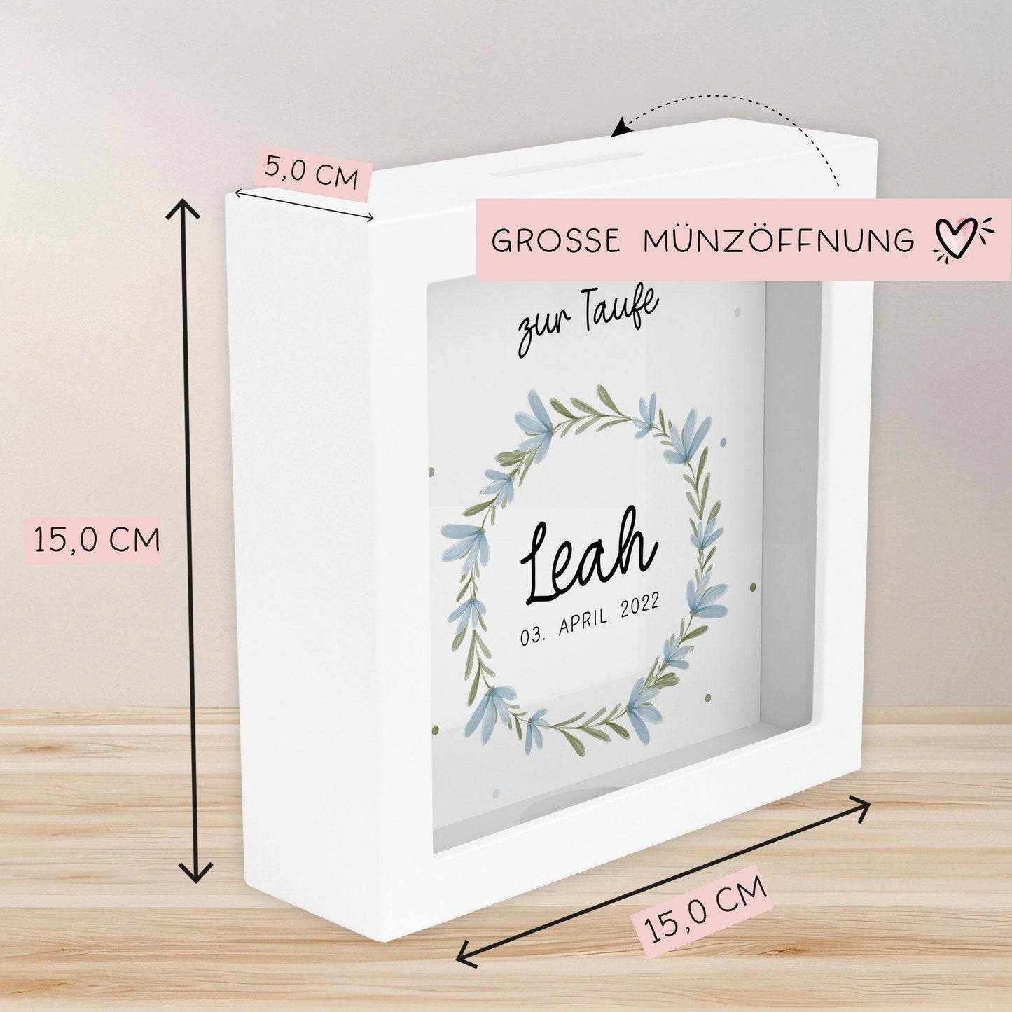 Konfirmation Holz Spardose Taufe personalisiert mit Namen zur Geburt Kommunion Konfirmation eines Kindes mit Taufspruch als Geldgeschenk kleinebuchstaben