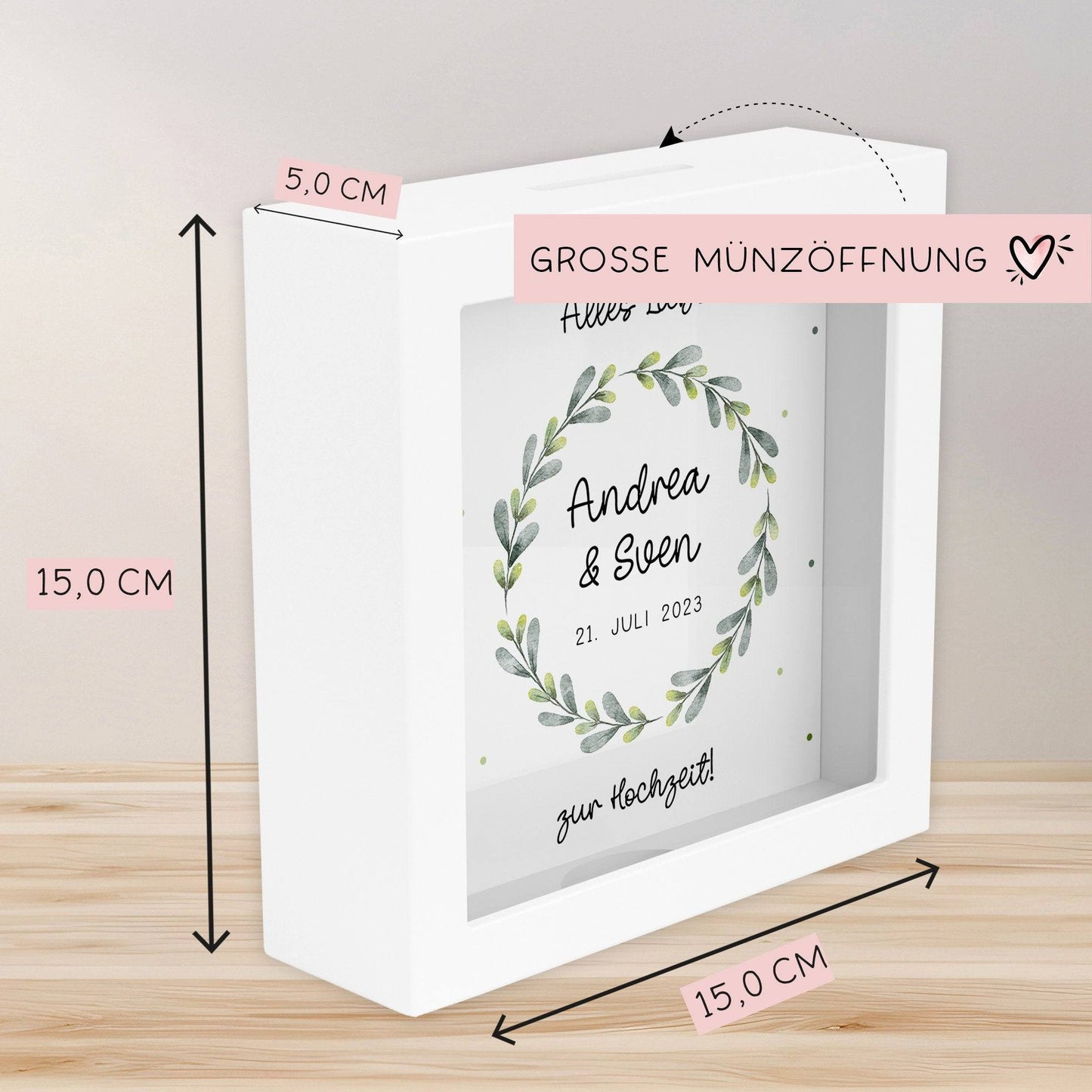 Spardose Hochzeit personalisiert Datum & Name Brautpaar Bräutigam Braut Geldgeschenk Sparschwein Hochzeitsgeschenk Geld - Holz Blumenkranz kleinebuchstaben