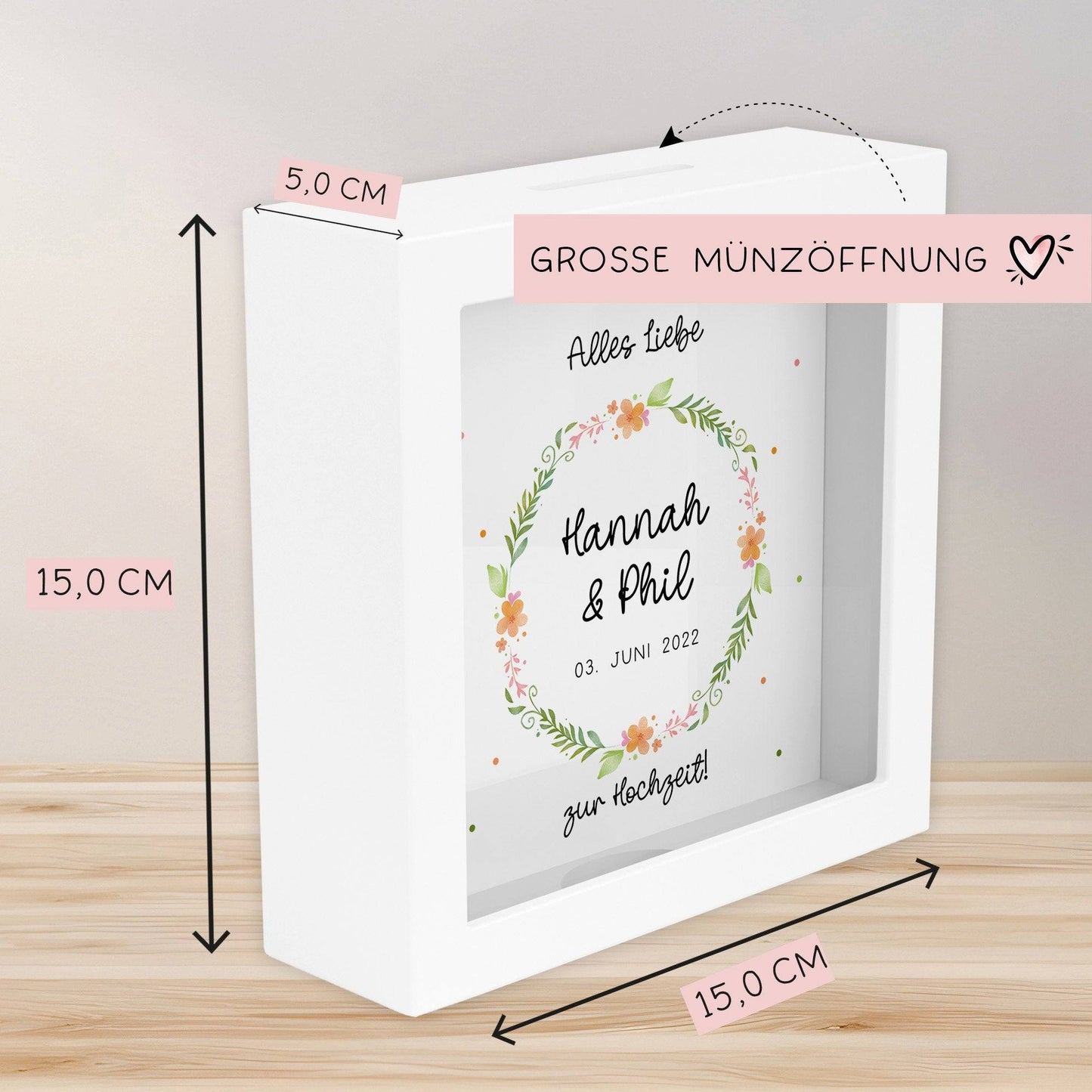 Hochzeit Spardose personalisiert Datum & Name Brautpaar Bräutigam Braut Geldgeschenk Sparschwein Hochzeitsgeschenk Geld - Holz Blumenkranz kleinebuchstaben