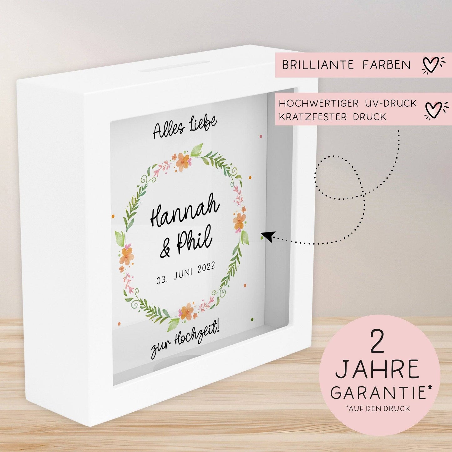 Hochzeit Spardose personalisiert Datum & Name Brautpaar Bräutigam Braut Geldgeschenk Sparschwein Hochzeitsgeschenk Geld - Holz Blumenkranz kleinebuchstaben