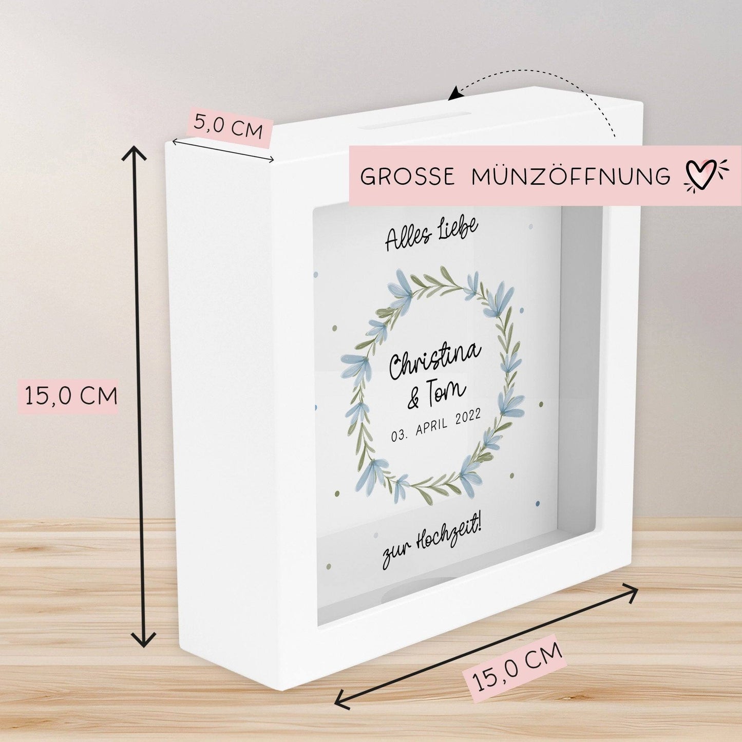 Hochzeit Spardose personalisiert Datum & Name Brautpaar Bräutigam Braut Geldgeschenk Sparschwein Hochzeitsgeschenk Geld - Holz kleinebuchstaben