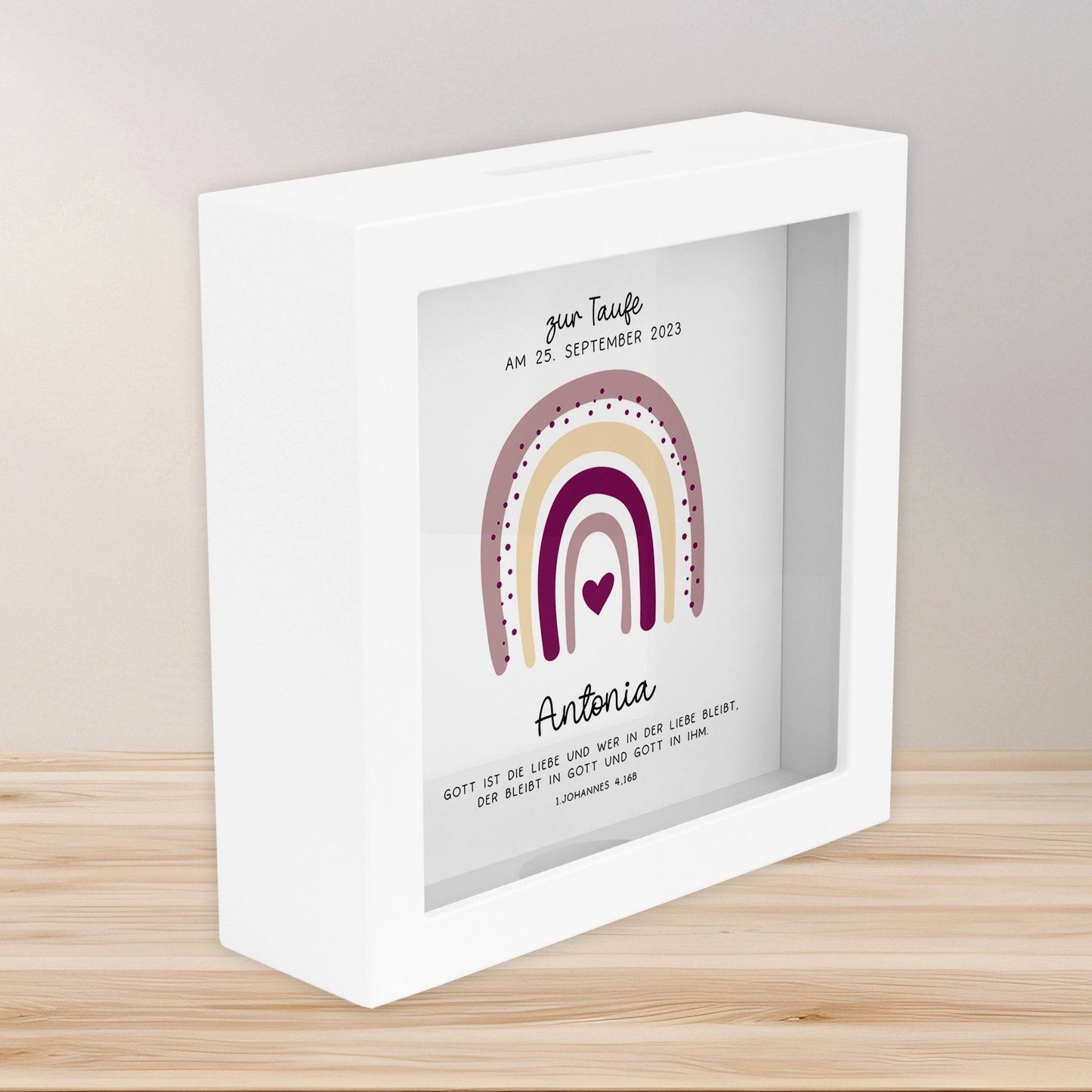 Holz Spardose Taufe personalisiert mit Namen zur Geburt Kommunion Konfirmation eines Kindes mit Taufspruch und als Geldgeschenk–Taufgeschenk kleinebuchstaben Holz Regenbogen - Rosa
