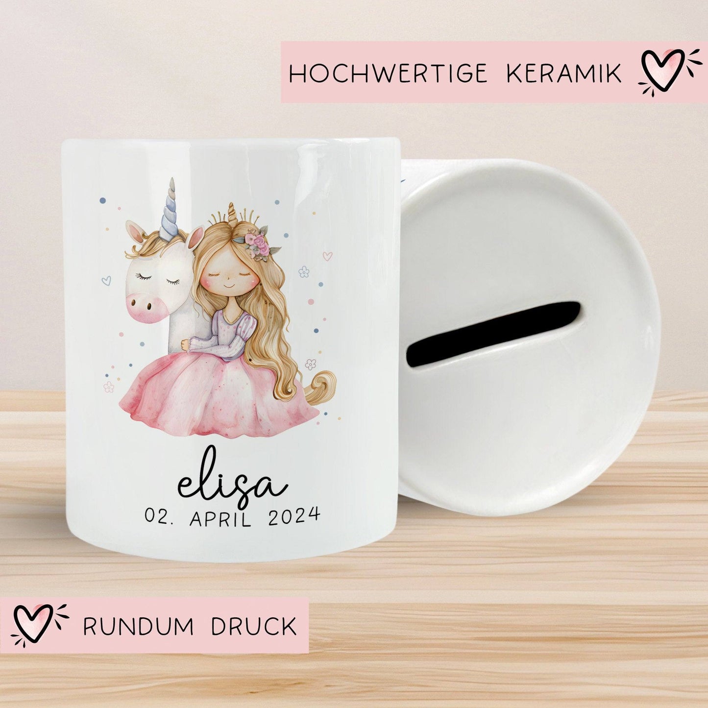 Spardose Einhorn Prinzessin Name Personalisiert für Mädchen zum Geburtstag, Taufe Kommunion Firmung Konfirmation, Weihnachten - Keramik kleinebuchstaben
