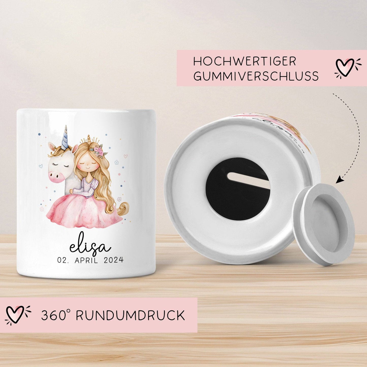 Spardose Einhorn Prinzessin Name Personalisiert für Mädchen zum Geburtstag, Taufe Kommunion Firmung Konfirmation, Weihnachten - Keramik kleinebuchstaben
