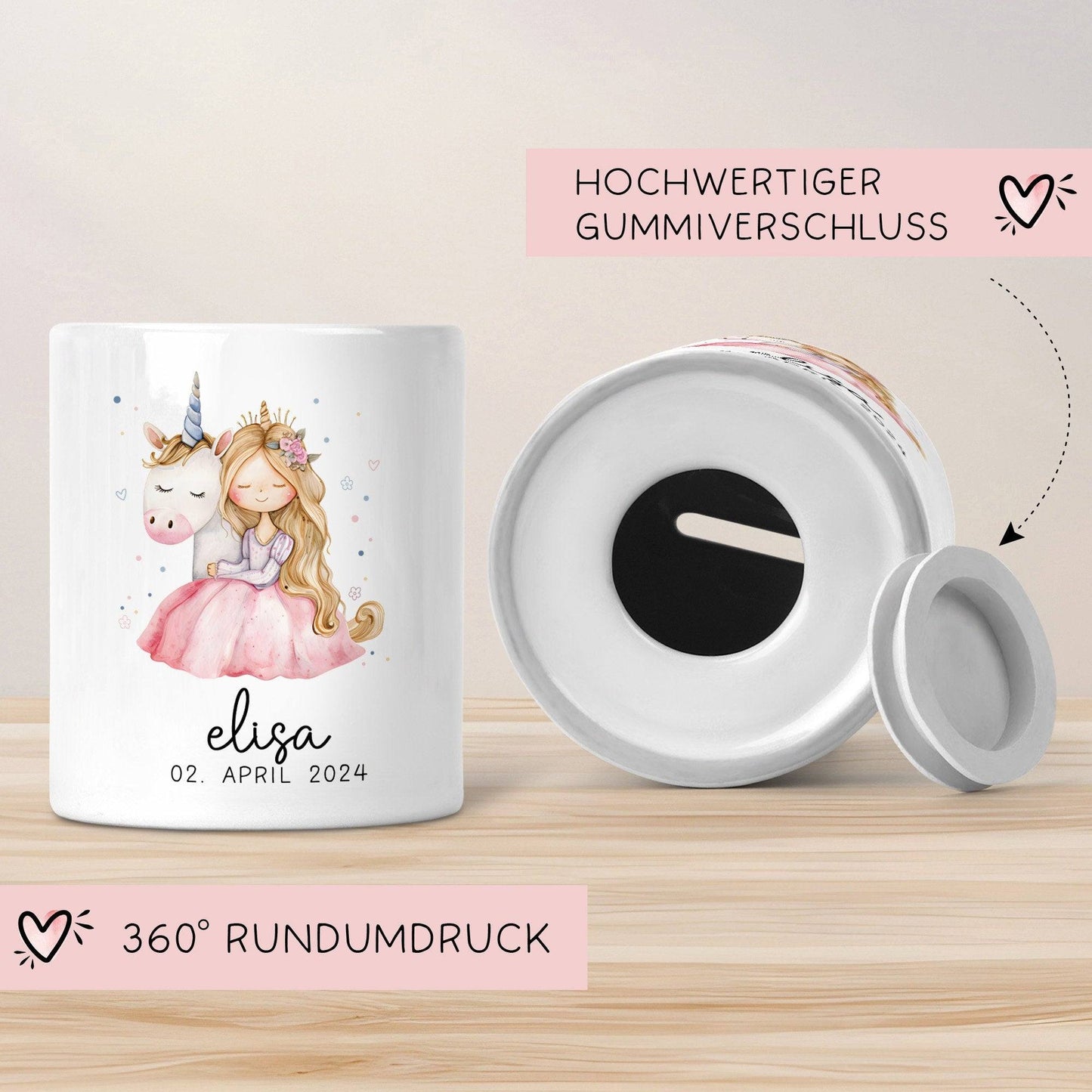 Spardose Einhorn & Prinzessin Name Personalisiert für Mädchen zum Geburtstag, Taufe Kommunion Firmung Konfirmation, Weihnachten - Keramik kleinebuchstaben
