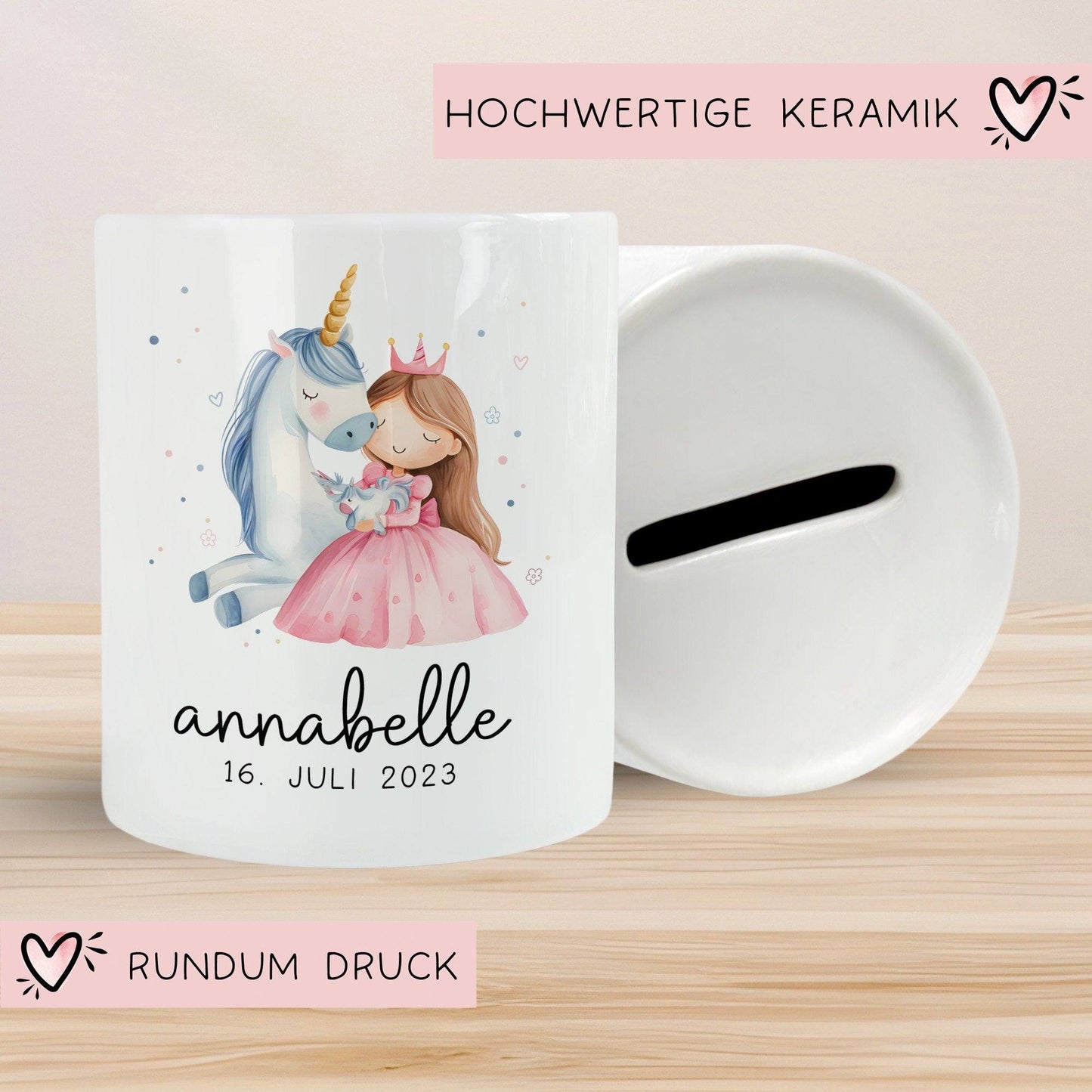 Spardose Einhorn & Prinzessin Blau Name Personalisiert für Mädchen zum Geburtstag, Taufe Kommunion Firmung Konfirmation, Weihnachten kleinebuchstaben