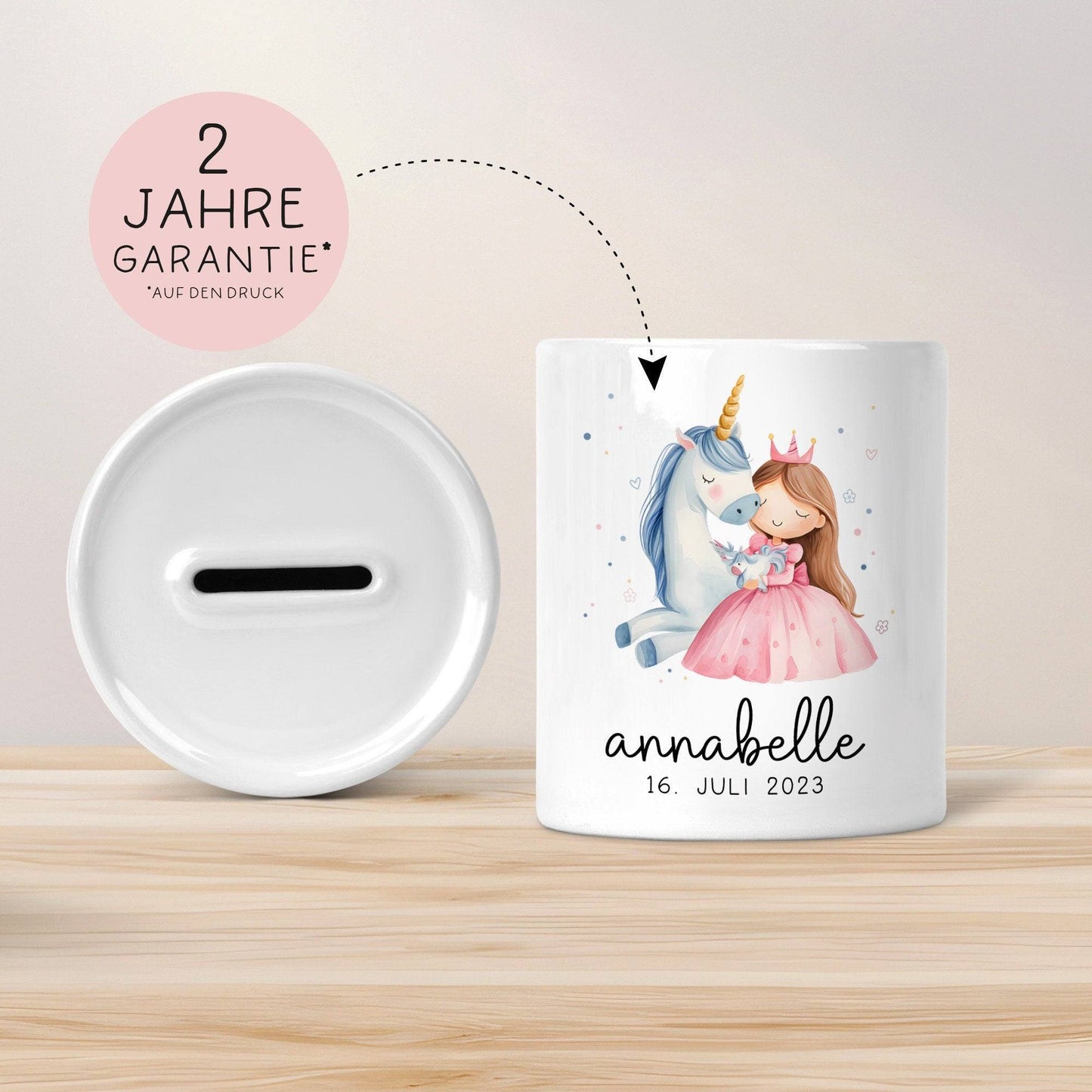 Spardose Einhorn & Prinzessin Blau Name Personalisiert für Mädchen zum Geburtstag, Taufe Kommunion Firmung Konfirmation, Weihnachten kleinebuchstaben