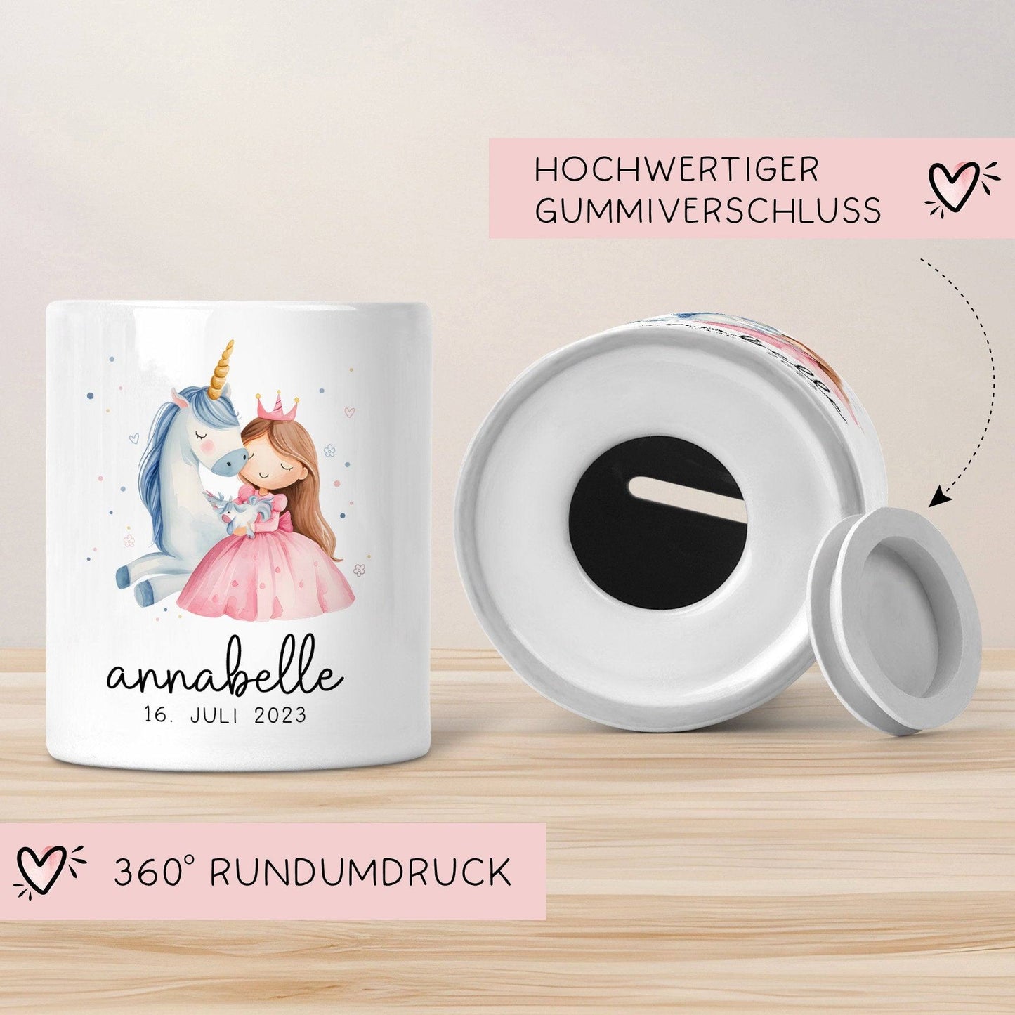 Spardose Einhorn & Prinzessin Blau Name Personalisiert für Mädchen zum Geburtstag, Taufe Kommunion Firmung Konfirmation, Weihnachten kleinebuchstaben