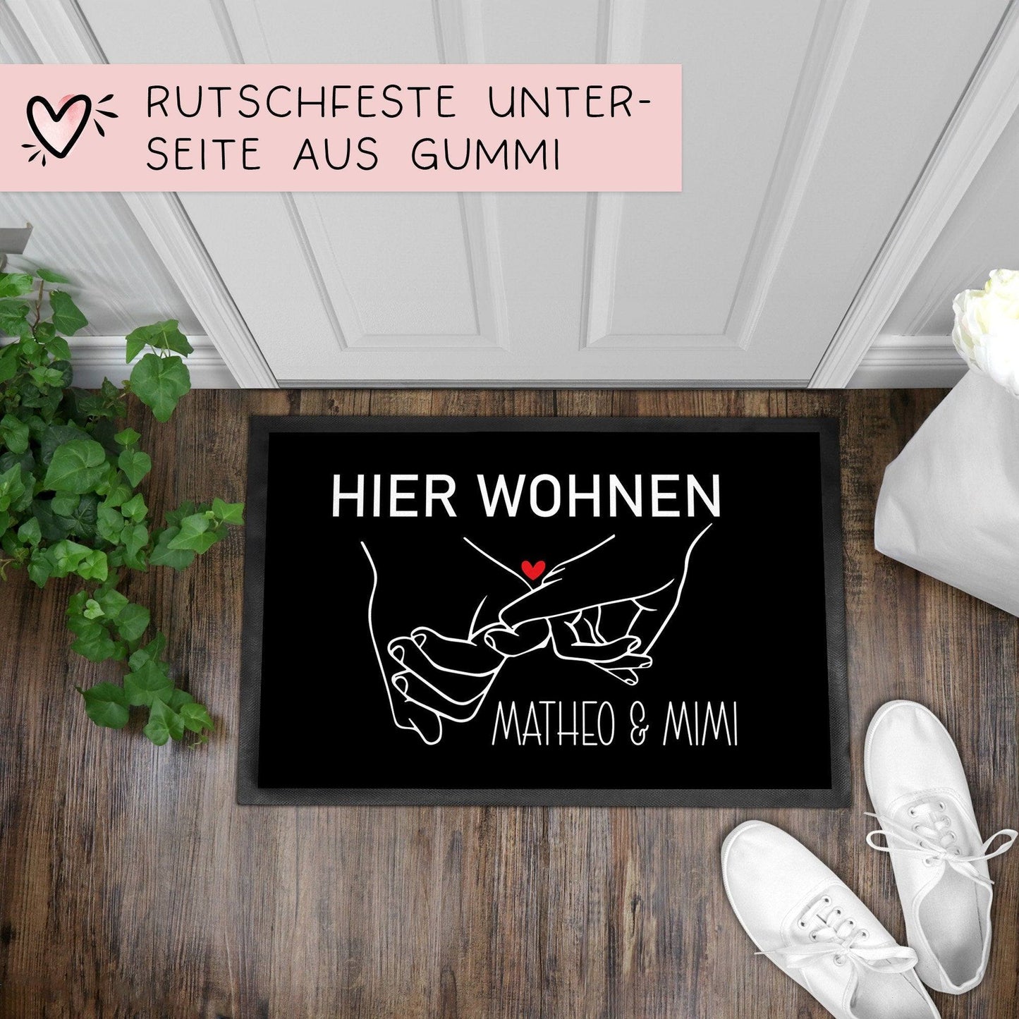 Fußmatte mit Namen Personalisiert - Rotes Herz - Fussmatte Vornamen Wunschnamen | 60x40 cm | Geschenkidee zum Umzug, Einzug für Paare kleinebuchstaben