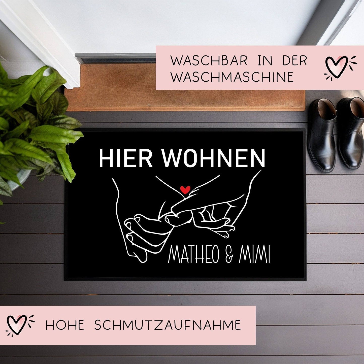 Fußmatte mit Namen Personalisiert - Rotes Herz - Fussmatte Vornamen Wunschnamen | 60x40 cm | Geschenkidee zum Umzug, Einzug für Paare kleinebuchstaben