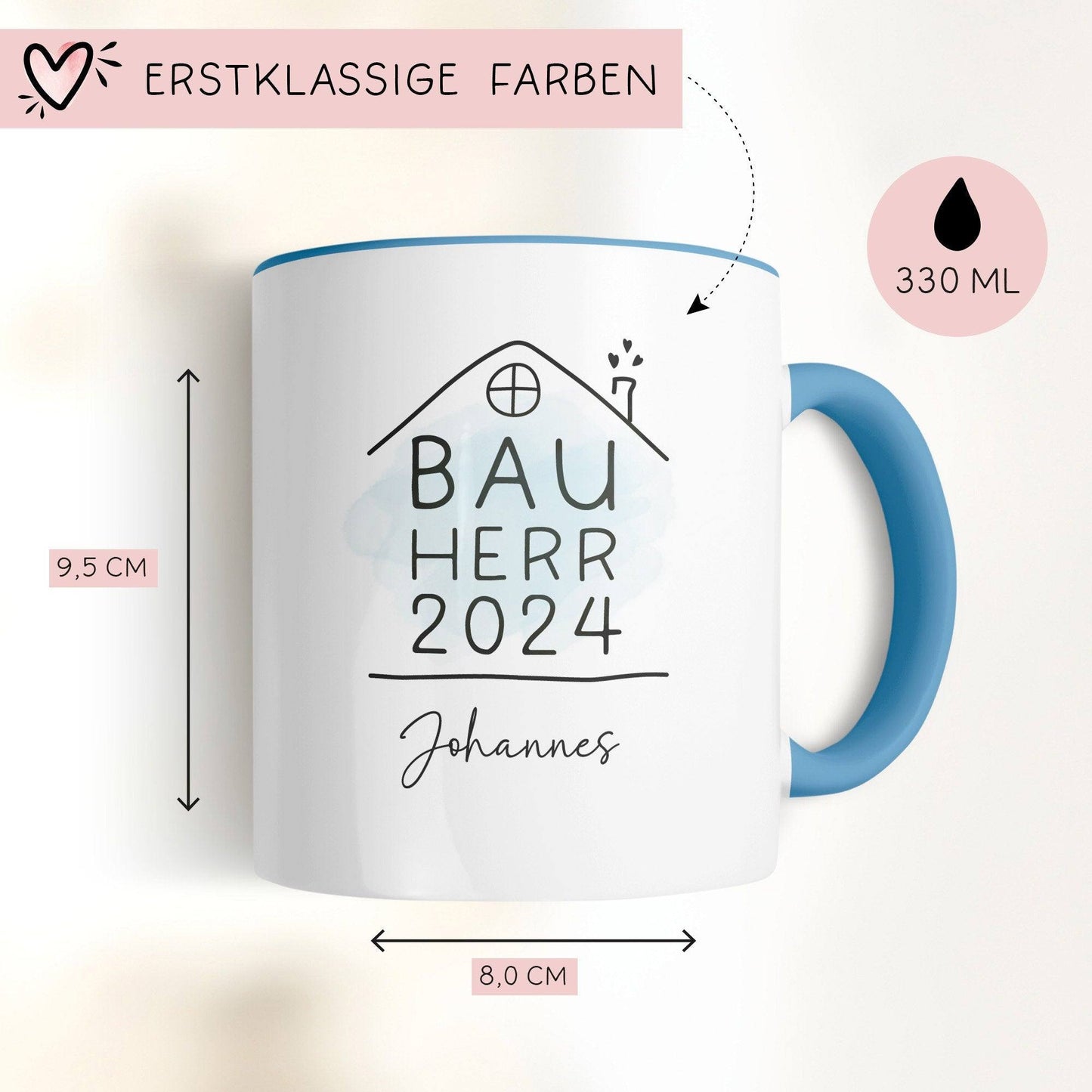 Bauherr Tasse 2024 Name, Richtfest Geschenk, Becher Geschenke zum Richtfest, Geschenkideen zum Hausbau Einweihung Hausbauer -330ml kleinebuchstaben