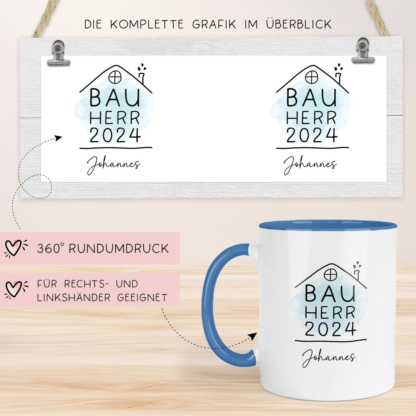 Bauherr Tasse 2024 Name, Richtfest Geschenk, Becher Geschenke zum Richtfest, Geschenkideen zum Hausbau Einweihung Hausbauer -330ml kleinebuchstaben