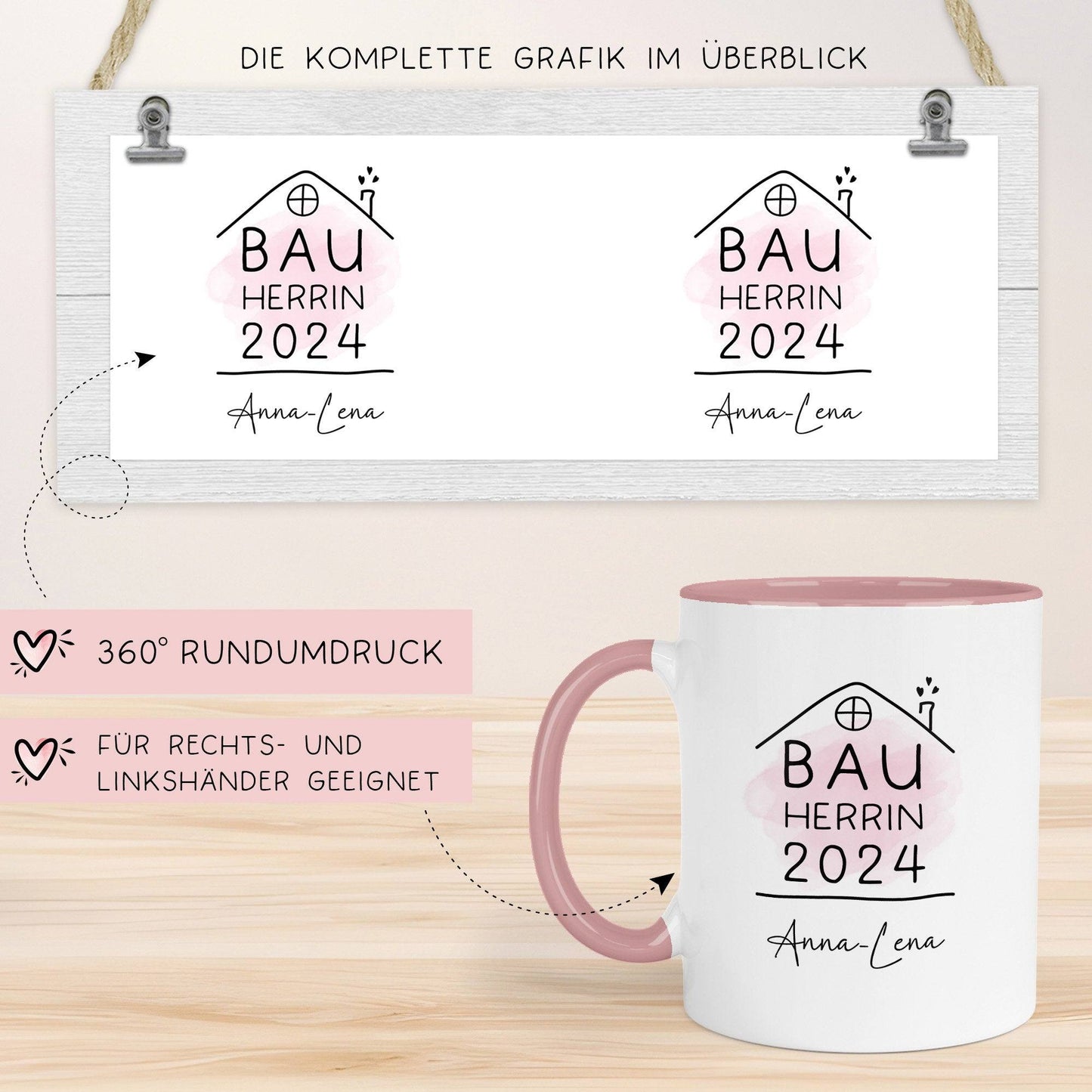 Bauherrin Tasse 2024 Name, Richtfest Geschenk, Becher Geschenke zum Richtfest, Geschenkideen zum Hausbau Einweihung Hausbauer - 330ml kleinebuchstaben
