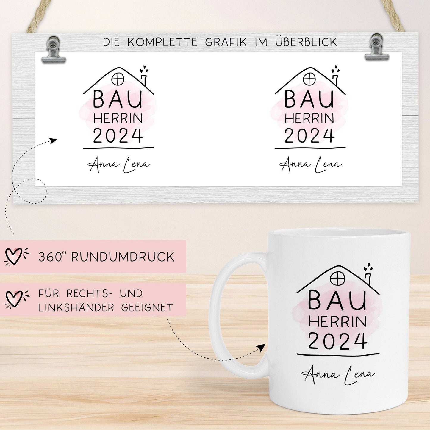 Bauherrin Tasse 2024 Name, Richtfest Geschenk, Becher Geschenke zum Richtfest, Geschenkideen zum Hausbau Einweihung Hausbauer - 330ml kleinebuchstaben