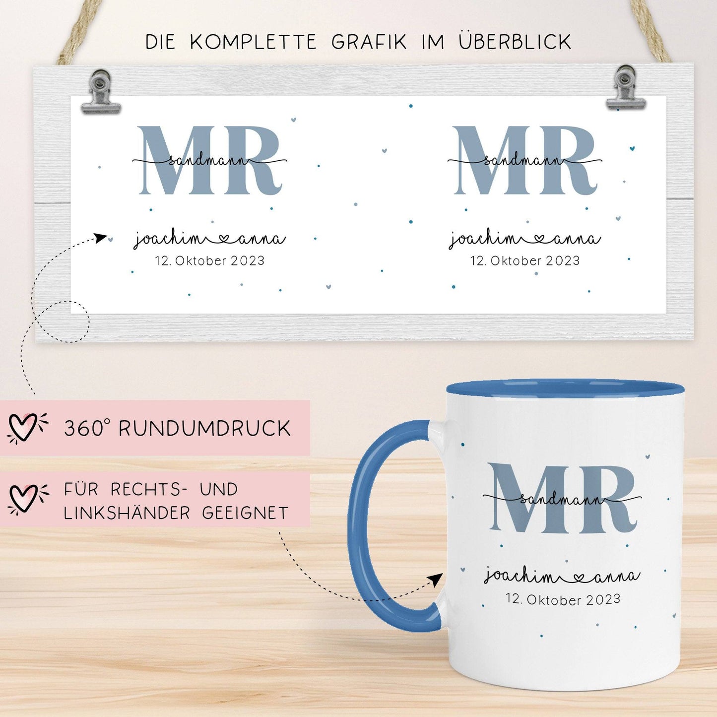 Mr & Mrs Tasse Hochzeit personalisiert mit Wunschnamen und Datum – Namenstasse Hochzeitsgeschenk - Braut Bräutigam – Kaffeetasse - 330 ml kleinebuchstaben