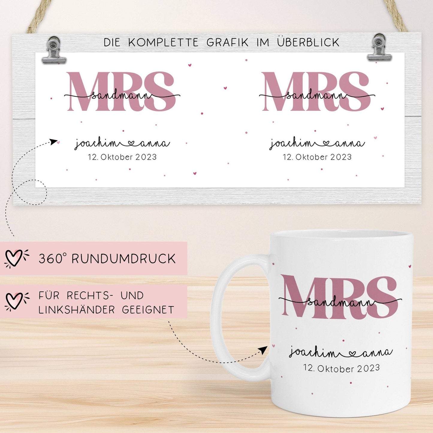 Mr & Mrs Tasse Hochzeit personalisiert mit Wunschnamen und Datum – Namenstasse Hochzeitsgeschenk - Braut Bräutigam – Kaffeetasse - 330 ml kleinebuchstaben