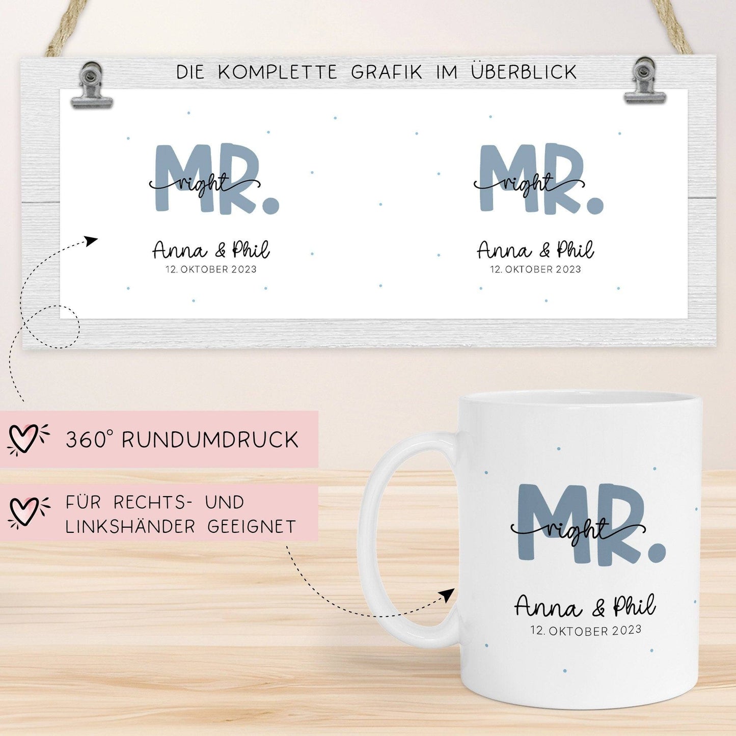 Mr & Mrs Tasse Hochzeit personalisiert Becher mit Wunschnamen und Datum – Namenstasse Hochzeitsgeschenk - Braut Bräutigam – Kaffeetasse kleinebuchstaben
