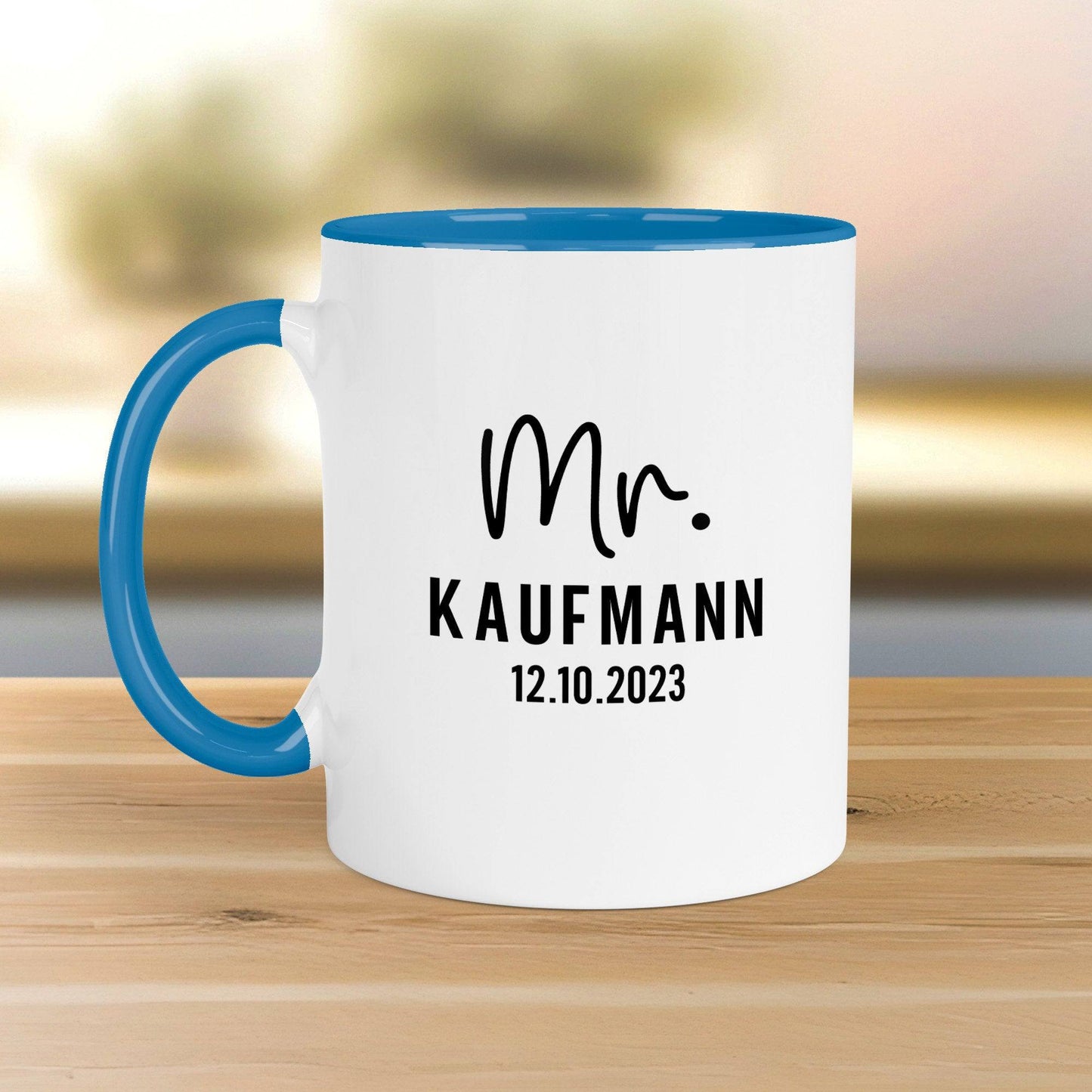 Mr. & Mrs. Tasse Hochzeit personalisiert Becher mit Wunschnamen und Datum – Namenstasse Hochzeitsgeschenk - Braut Bräutigam – Kaffeetasse kleinebuchstaben Mr Schwarz - Blau