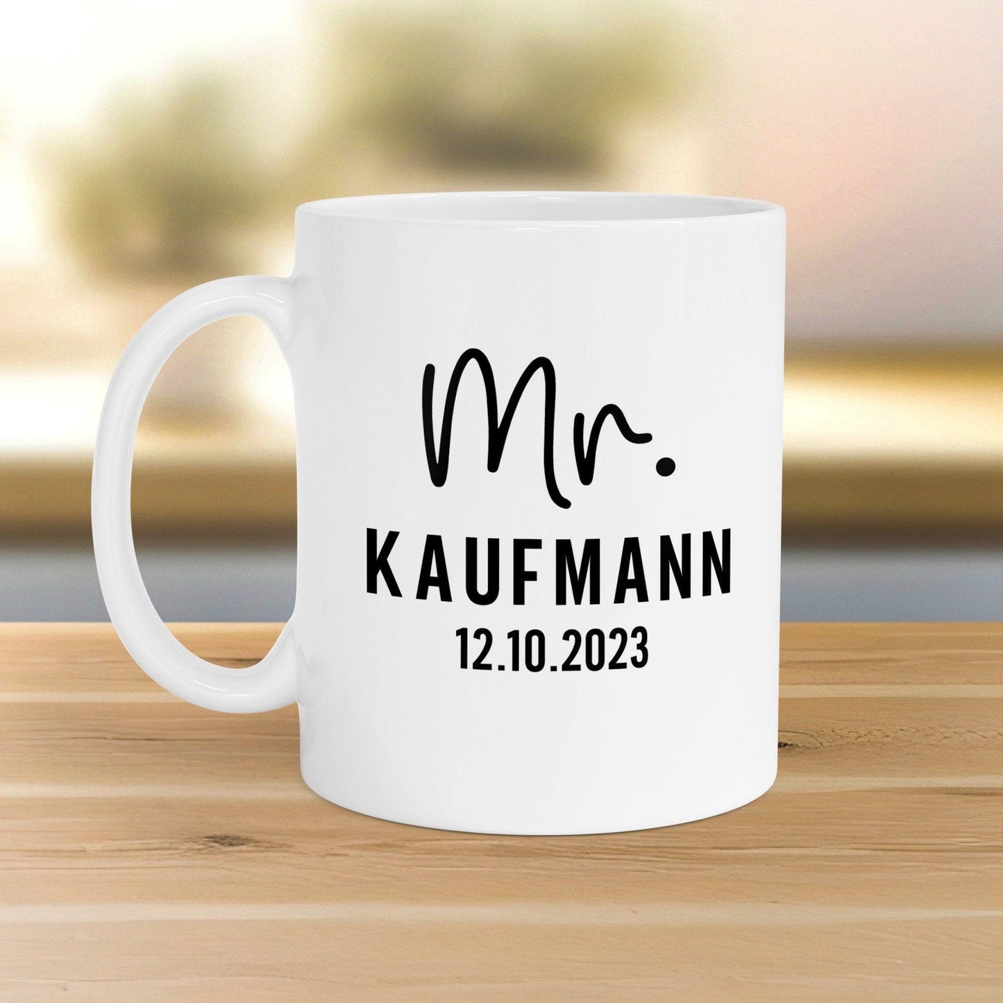 Mr. & Mrs. Tasse Hochzeit personalisiert Becher mit Wunschnamen und Datum – Namenstasse Hochzeitsgeschenk - Braut Bräutigam – Kaffeetasse kleinebuchstaben Mr Schwarz - Weiß