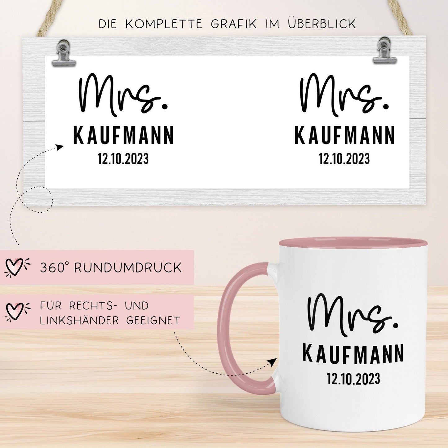 Mr. & Mrs. Tasse Hochzeit personalisiert Becher mit Wunschnamen und Datum – Namenstasse Hochzeitsgeschenk - Braut Bräutigam – Kaffeetasse kleinebuchstaben