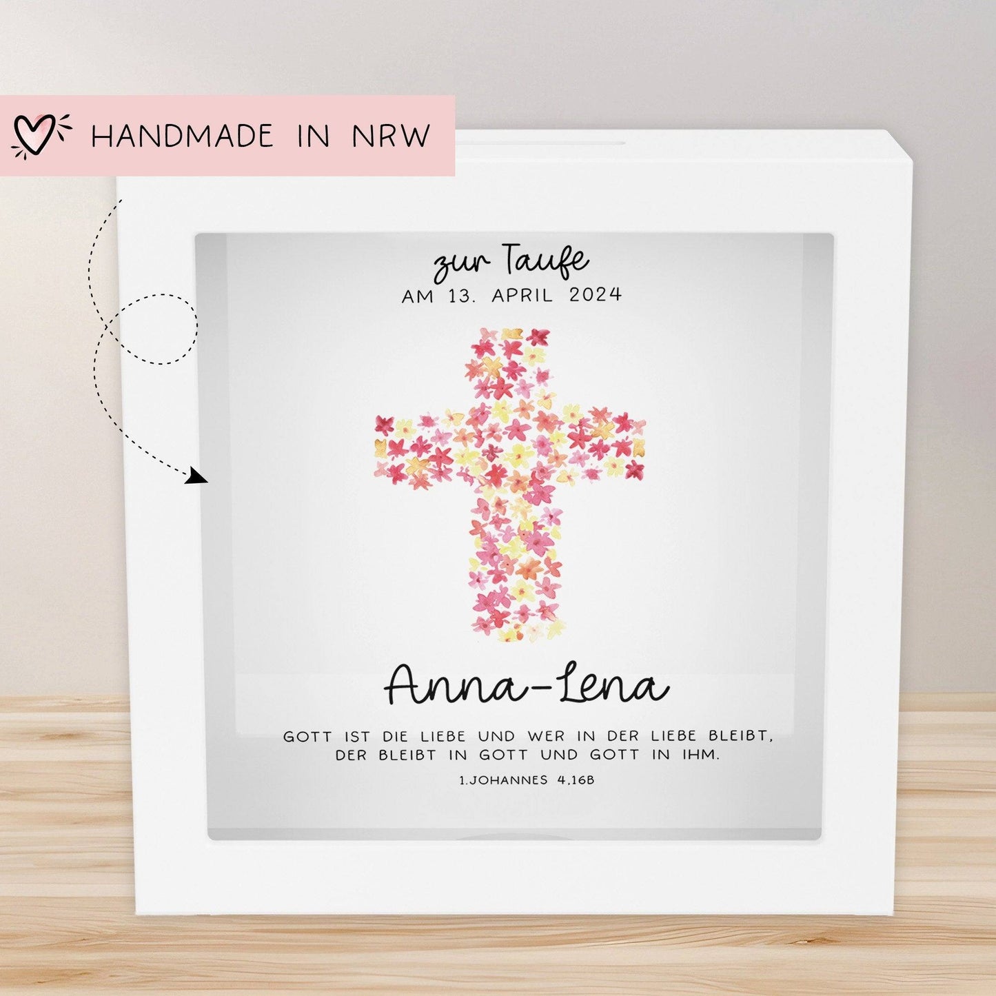 Kreuz Pink Holz Spardose Taufe personalisiert mit Namen zur Geburt Kommunion Konfirmation eines Kindes mit Taufspruch als Geldgeschenk kleinebuchstaben