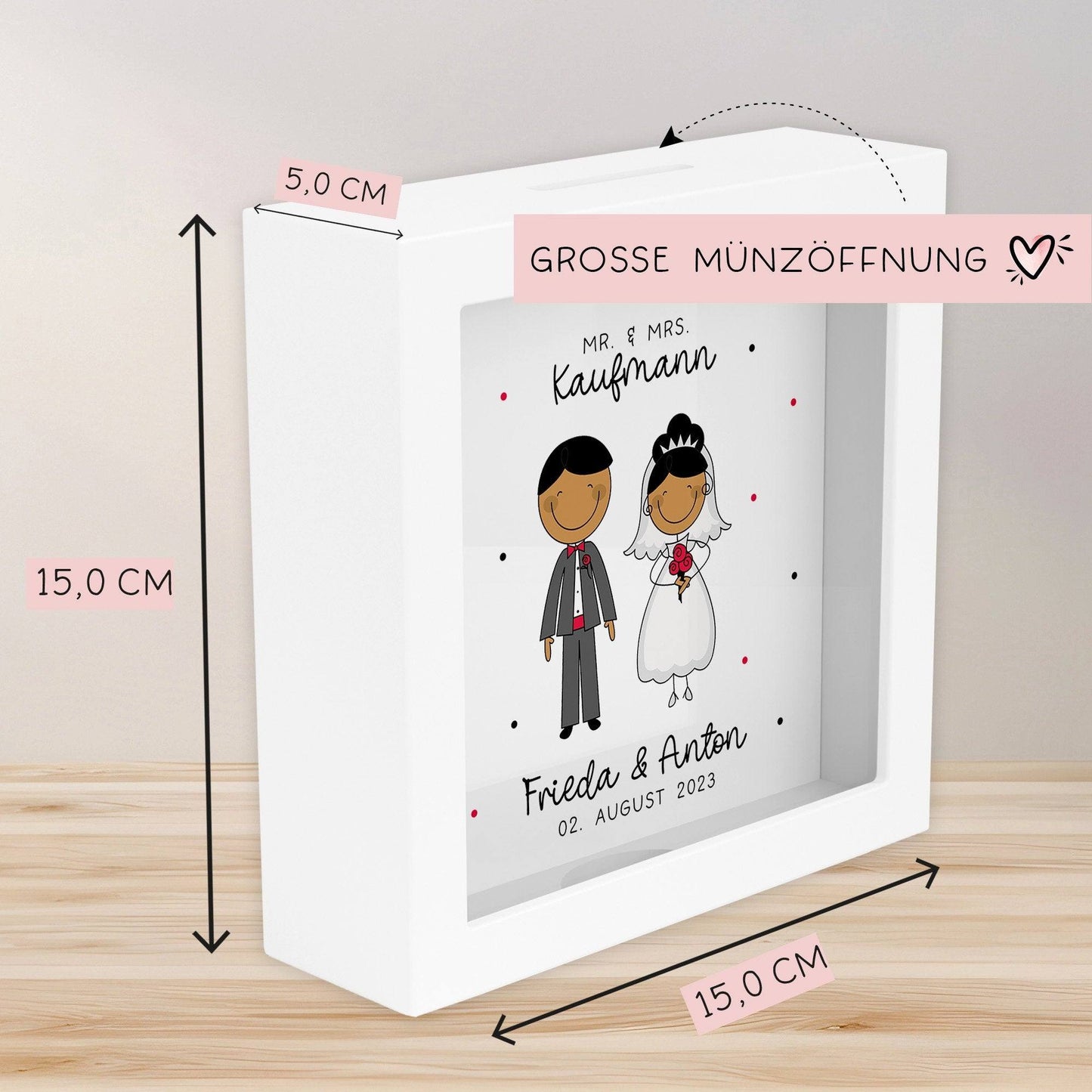 Mr und Mrs Spardose Hochzeit personalisiert Datum & Name Brautpaar Bräutigam Braut Geldgeschenk Sparschwein Hochzeitsgeschenk Geld kleinebuchstaben