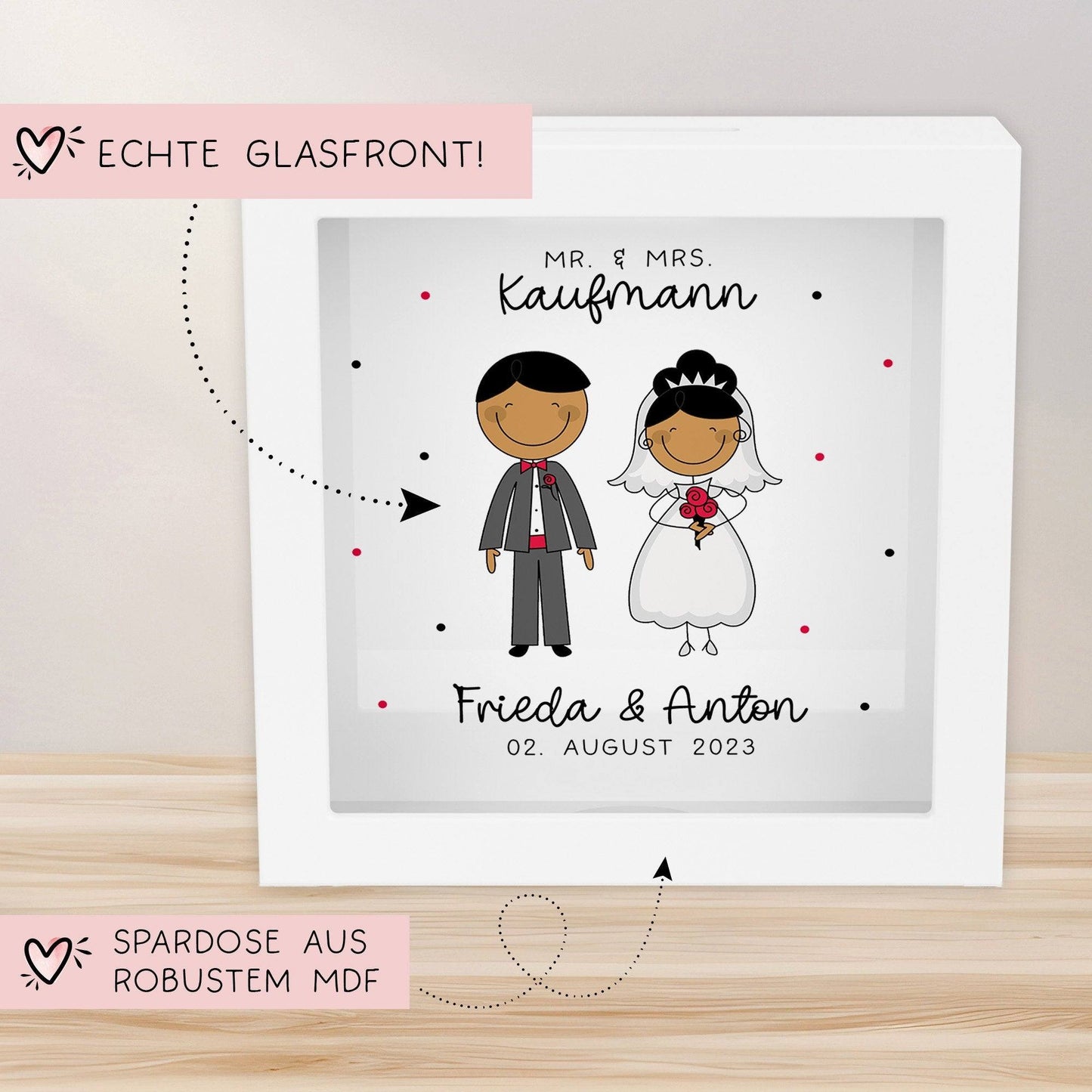 Mr und Mrs Spardose Hochzeit personalisiert Datum & Name Brautpaar Bräutigam Braut Geldgeschenk Sparschwein Hochzeitsgeschenk Geld kleinebuchstaben