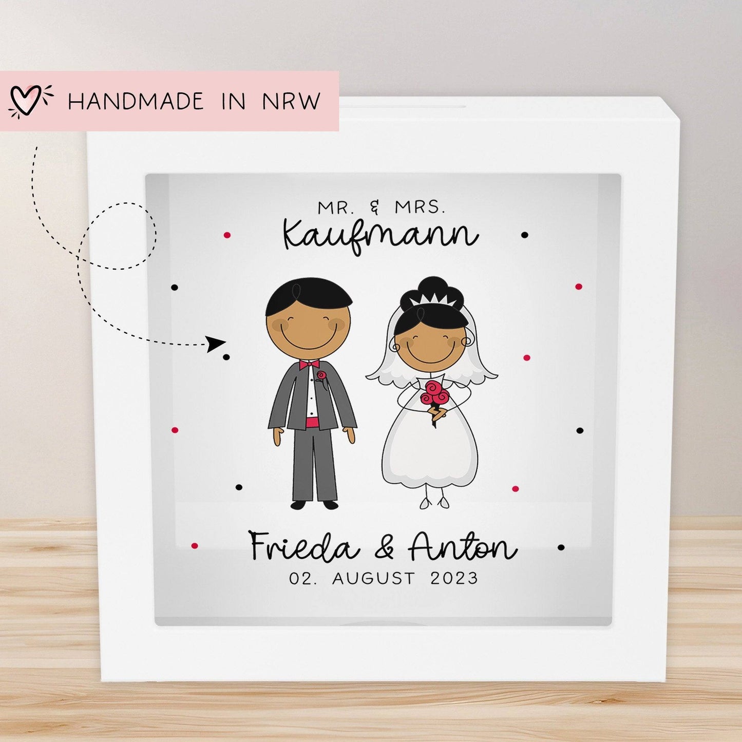 Mr und Mrs Spardose Hochzeit personalisiert Datum & Name Brautpaar Bräutigam Braut Geldgeschenk Sparschwein Hochzeitsgeschenk Geld kleinebuchstaben