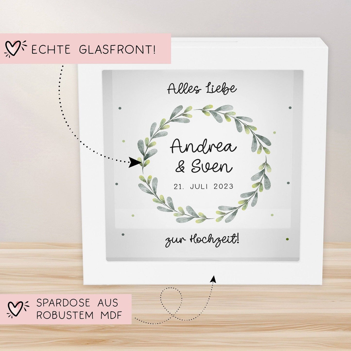 Spardose Hochzeit personalisiert Datum & Name Brautpaar Bräutigam Braut Geldgeschenk Sparschwein Hochzeitsgeschenk Geld - Holz Blumenkranz kleinebuchstaben