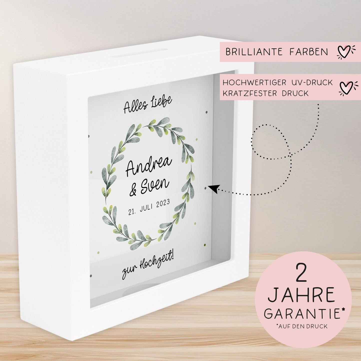 Spardose Hochzeit personalisiert Datum & Name Brautpaar Bräutigam Braut Geldgeschenk Sparschwein Hochzeitsgeschenk Geld - Holz Blumenkranz kleinebuchstaben