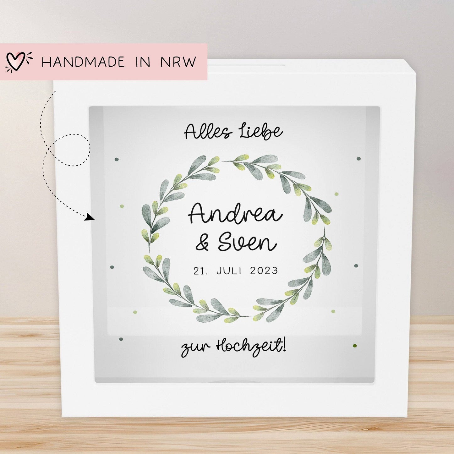 Spardose Hochzeit personalisiert Datum & Name Brautpaar Bräutigam Braut Geldgeschenk Sparschwein Hochzeitsgeschenk Geld - Holz Blumenkranz kleinebuchstaben