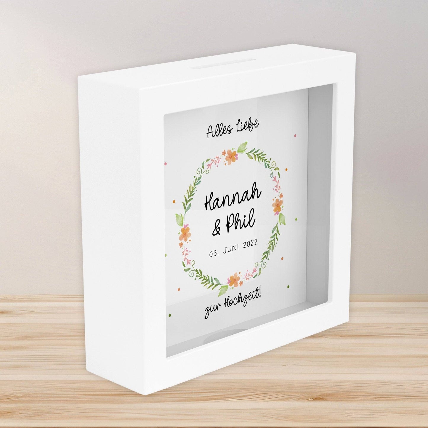 Hochzeit Spardose personalisiert Datum & Name Brautpaar Bräutigam Braut Geldgeschenk Sparschwein Hochzeitsgeschenk Geld - Holz Blumenkranz kleinebuchstaben