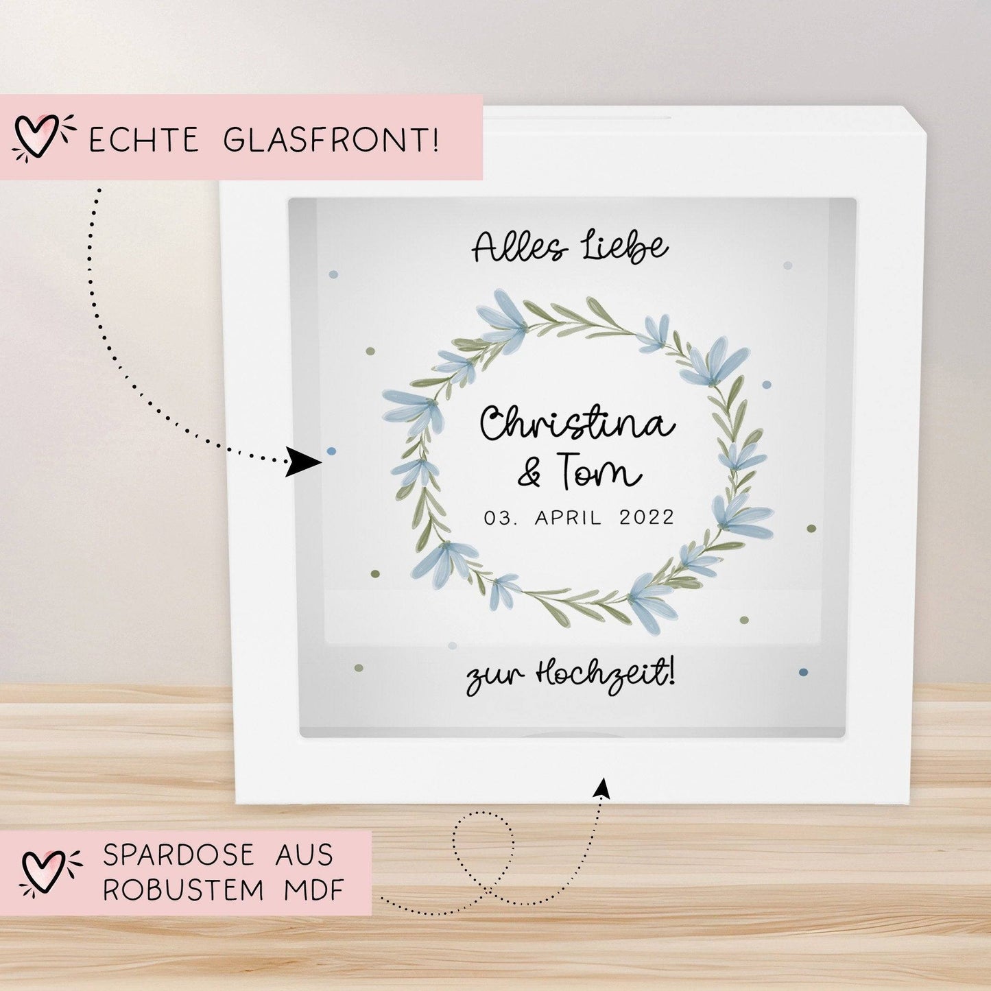 Hochzeit Spardose personalisiert Datum & Name Brautpaar Bräutigam Braut Geldgeschenk Sparschwein Hochzeitsgeschenk Geld - Holz kleinebuchstaben