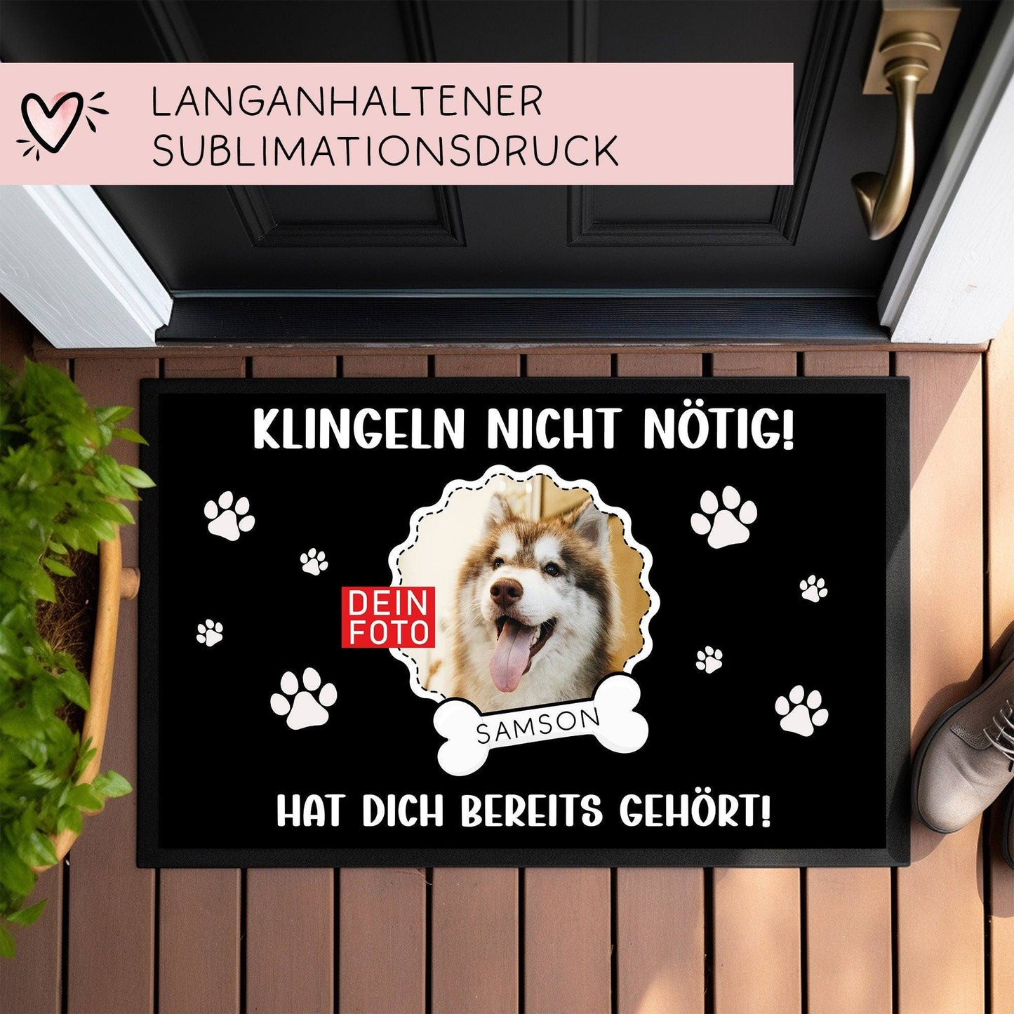 Fußmatte für Hunde- oder Katzenbesitzer "Klingeln Nicht nötig!" personalisiert mit Namen + Foto. Tolle Geschenkeidee für alle Tierliebhaber. kleinebuchstaben