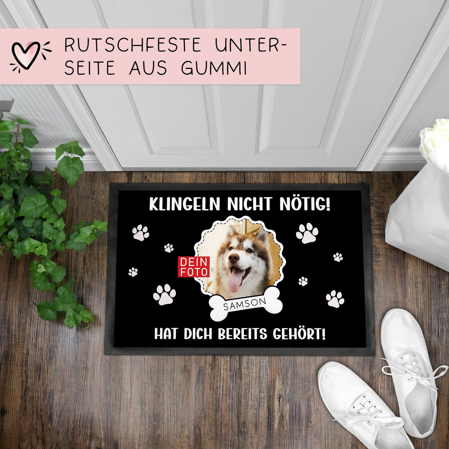 Fußmatte für Hunde- oder Katzenbesitzer "Klingeln Nicht nötig!" personalisiert mit Namen + Foto. Tolle Geschenkeidee für alle Tierliebhaber. kleinebuchstaben