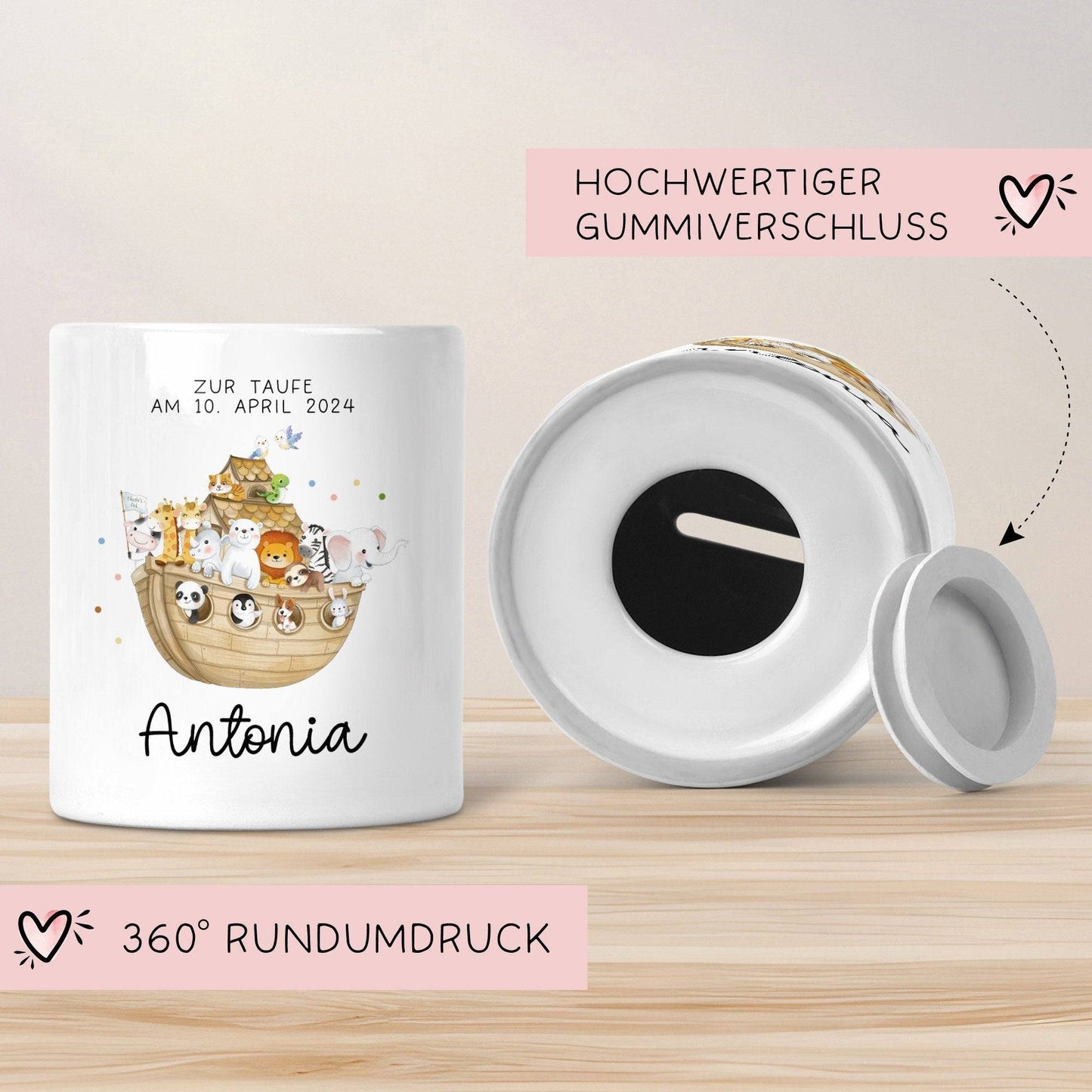 Arche Noah Spardose mit Name Taufgeschenk Spardose Kind Geldgeschenk Taufe Geschenke Babygeschenke Baby personalisiert Geburt Geschenke kleinebuchstaben